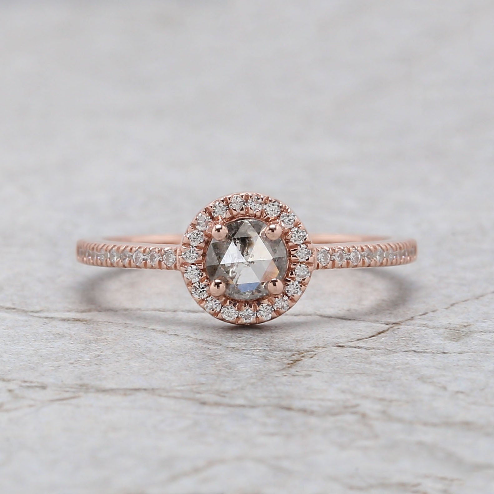 Round Rose Cut Salt And Pepper Diamond Ring 0.35 Ct 4.65 MM Round Diamond Ring 14K Rose Gold Silver Engagement Ring Gift For Her QL3141