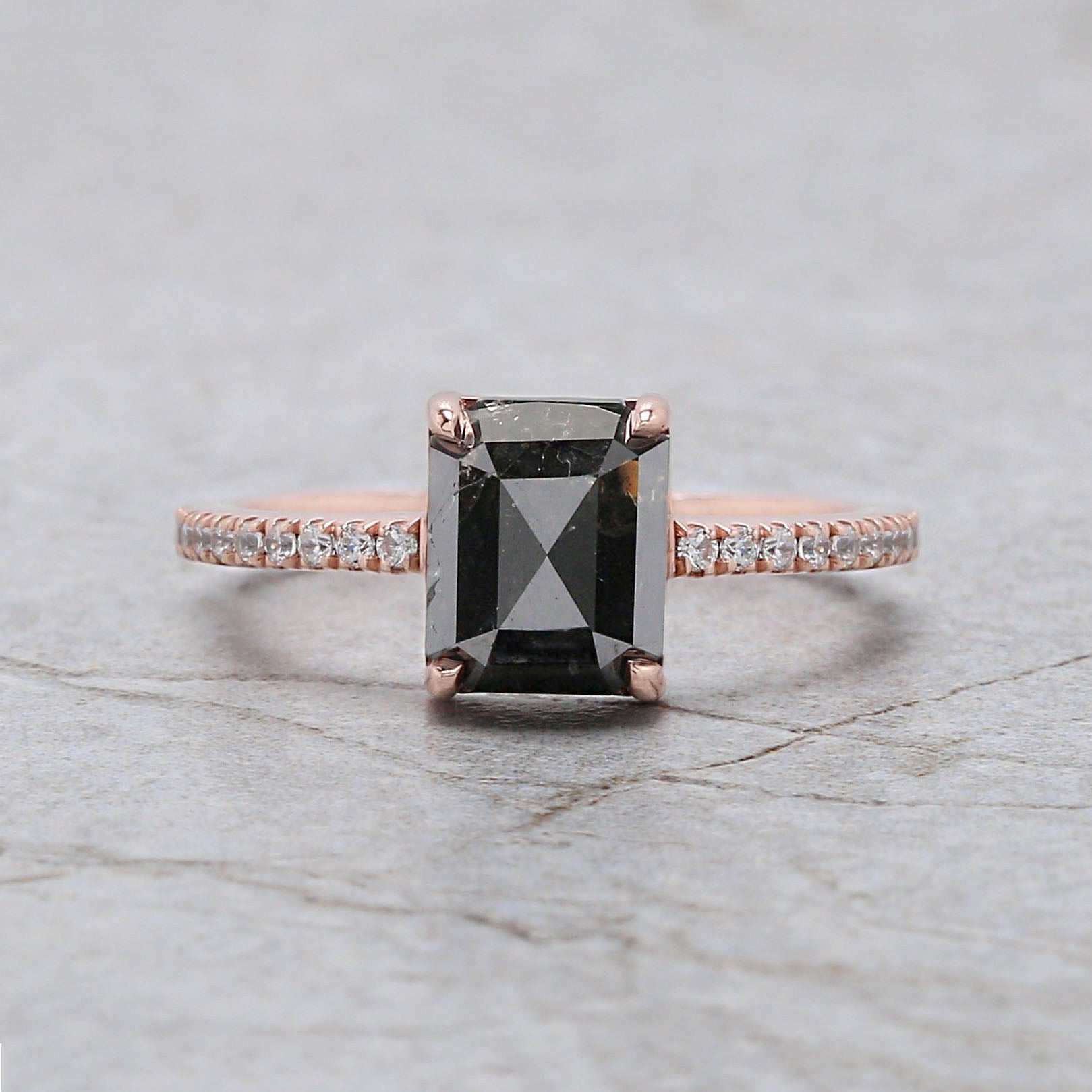 Emerald Cut Black Color Diamond Ring 2.36 Ct 8.08 MM Emerald Diamond Ring 14K Solid Rose Gold Silver Engagement Ring Gift For Her QL7322