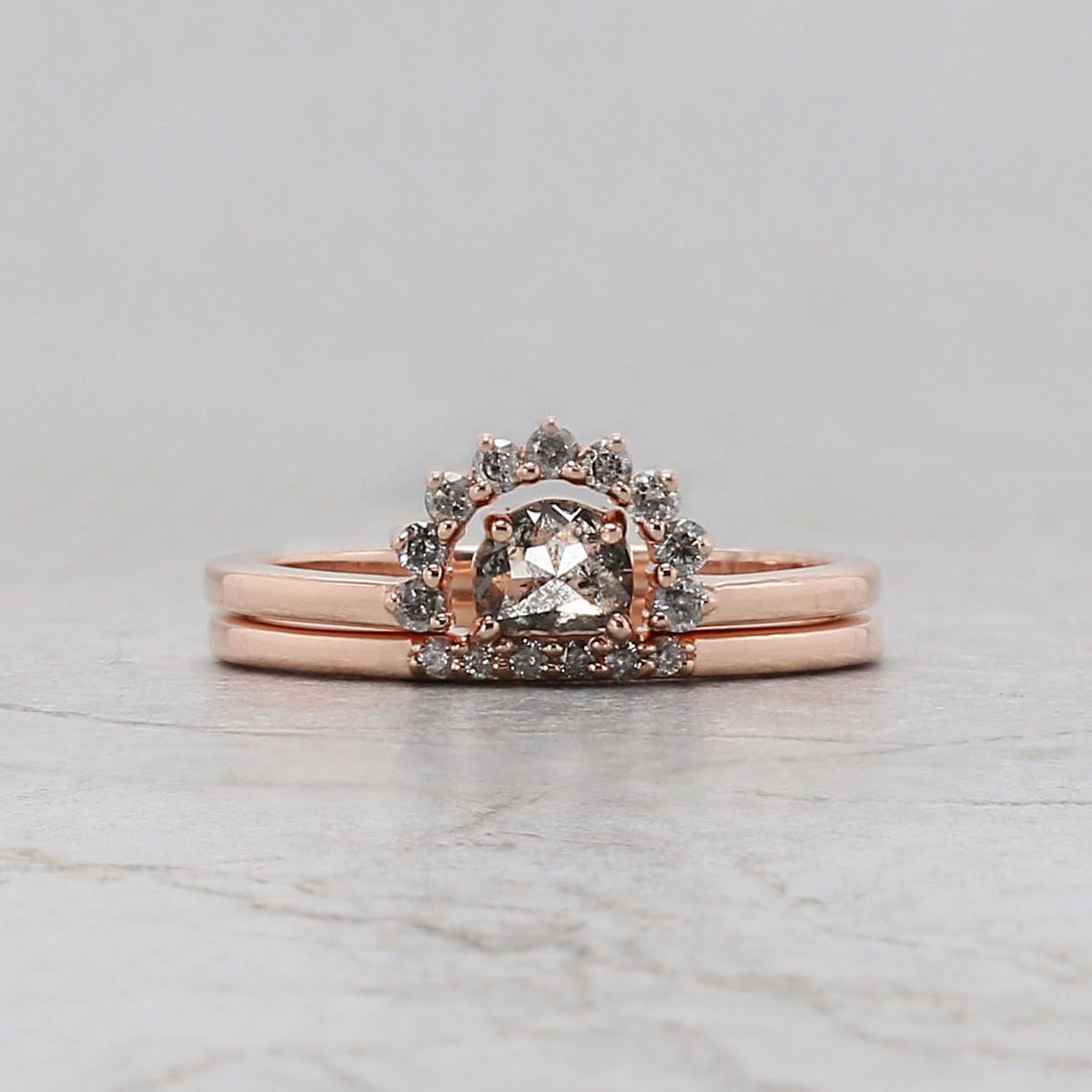 Half Moon salt and pepper Diamond Ring, Salt and pepper Half Moon Diamond Engagement Ring, Half Moon Ring, Half Moon Bridal Ring Set QN2531