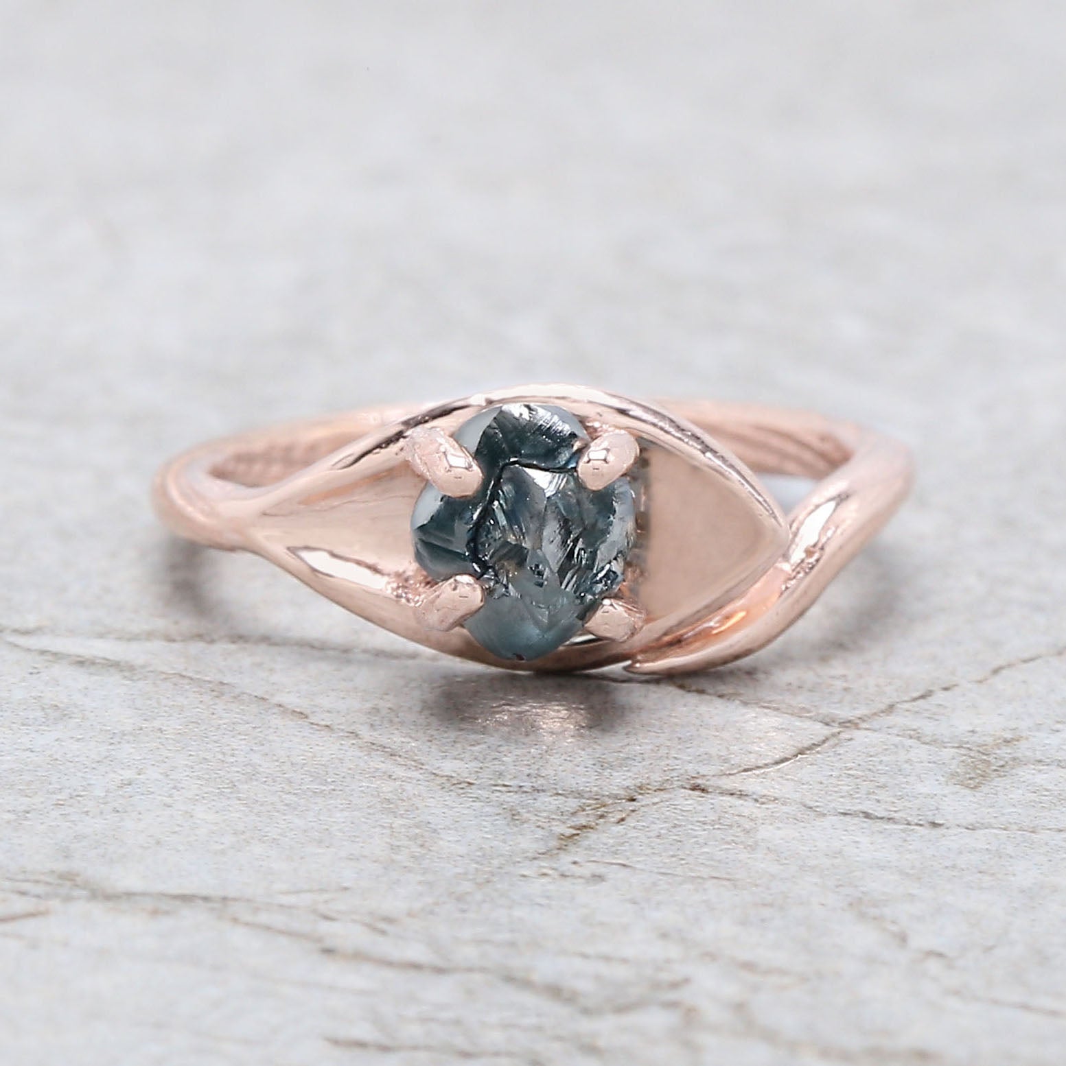 Rough Blue Color Diamond Ring 1.30 Ct 6.12 MM Crystal Rough Diamond Ring 14K Solid Rose Gold Silver Engagement Ring Gift For Her QL2277