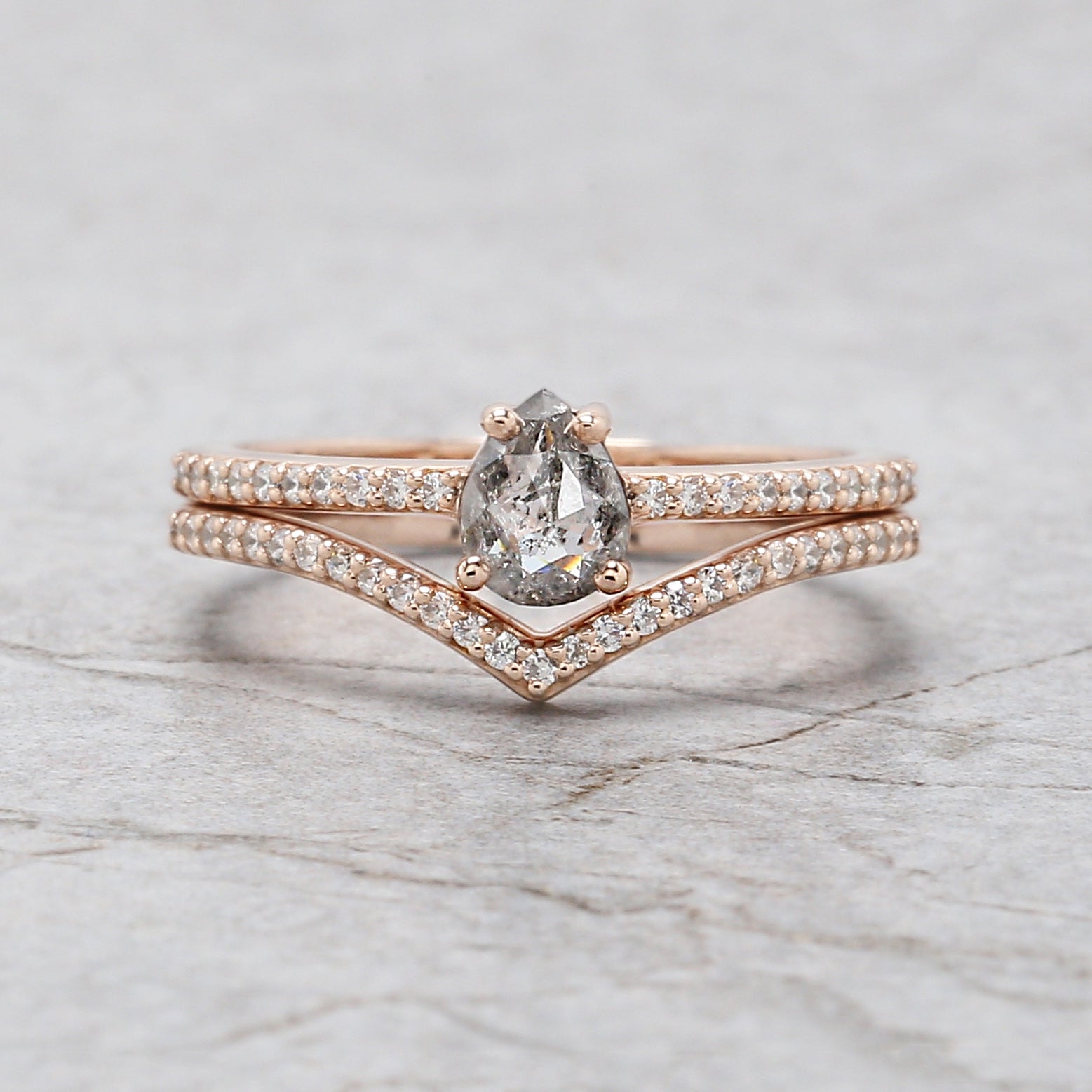 Pear Cut Salt And Pepper Diamond Ring 0.34 Ct 5.80 MM Pear Diamond Ring 14K Solid Rose Gold Silver Pear Engagement Ring Gift For Her QL3127