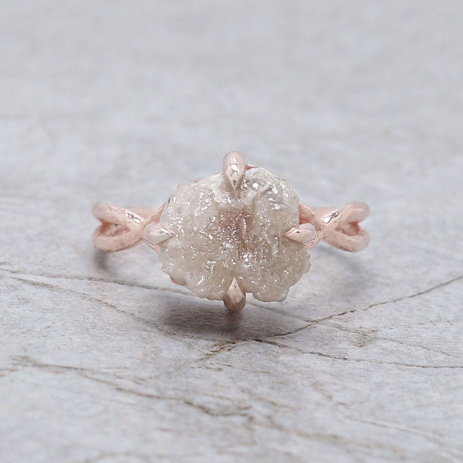 Rough Grey Color Diamond Ring 4.42 Ct 9.90 MM Crystal Rough Diamond Ring 14K Solid Rose Gold Silver Engagement Ring Gift For Her QN9754