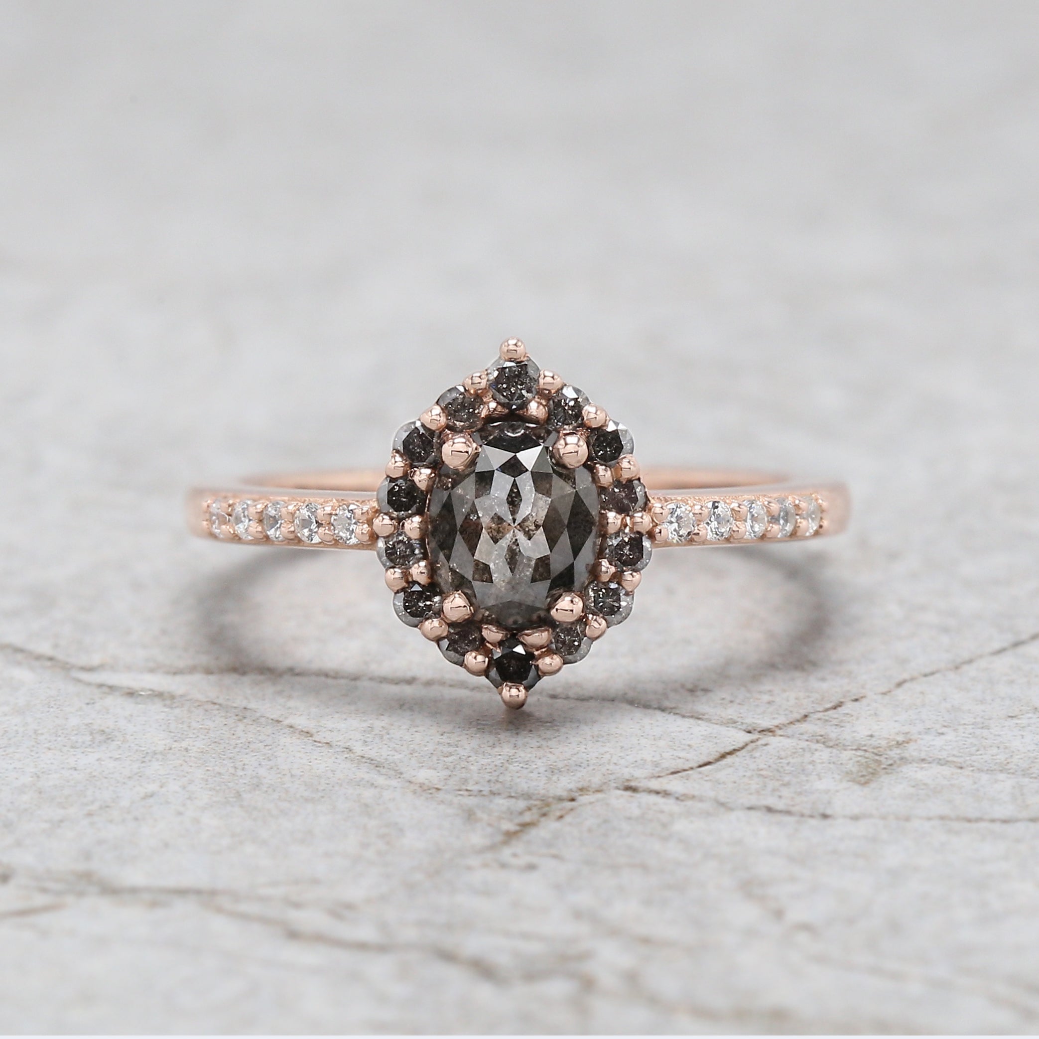 Oval Cut Salt And Pepper Diamond Ring 0.93 Ct 6.05 MM Oval Shape Diamond Ring 14K Solid Rose Gold Silver Engagement Ring Gift For Her QN2522