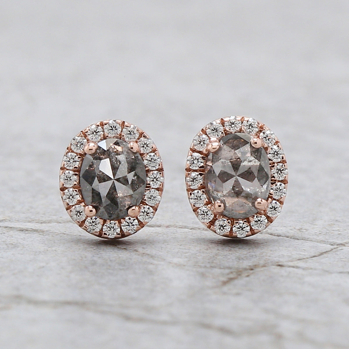 Oval Salt And Pepper Diamond Earring 0.67 Ct 5.04 MM Oval Diamond Earring 14K Solid Rose Gold Silver Engagement Earring Gift For Her QL2528