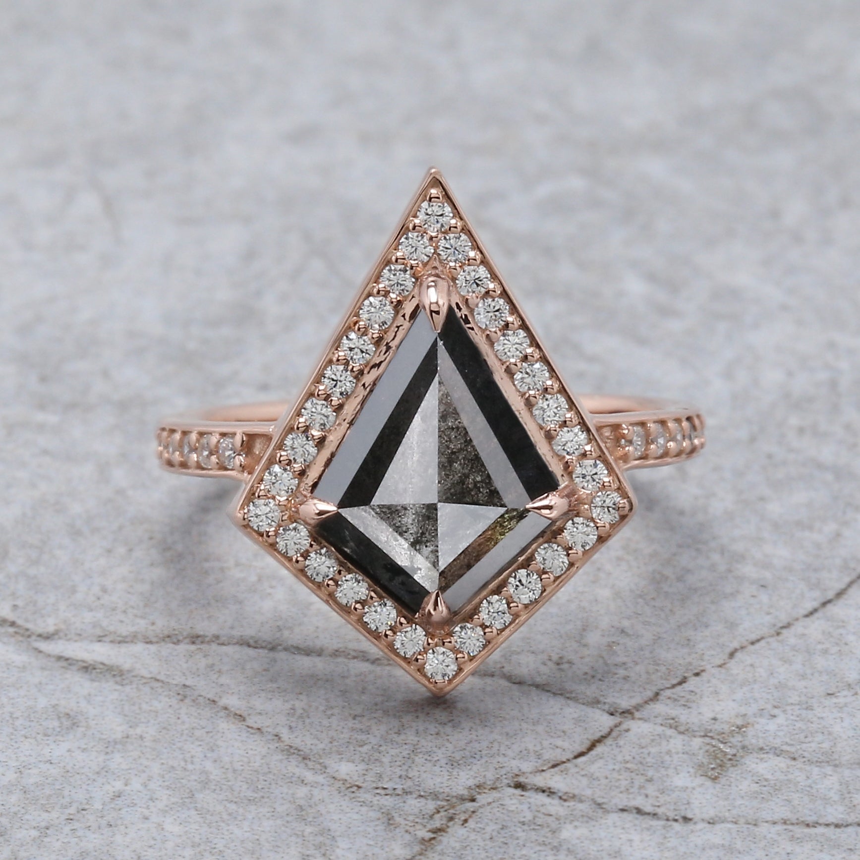 Kite Cut Salt And Pepper Diamond Ring 2.71 Ct 12.03 MM Kite Diamond Ring 14K Solid Rose Gold Silver Kite Engagement Ring Gift For Her QL2121