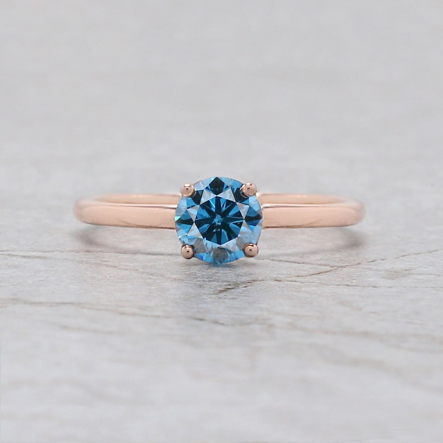 0.56 Ct Natural Round Shape Blue Color Diamond Ring 5.20 MM Round Cut Diamond Ring 14K Solid Rose Gold Silver Engagement Ring QL1793