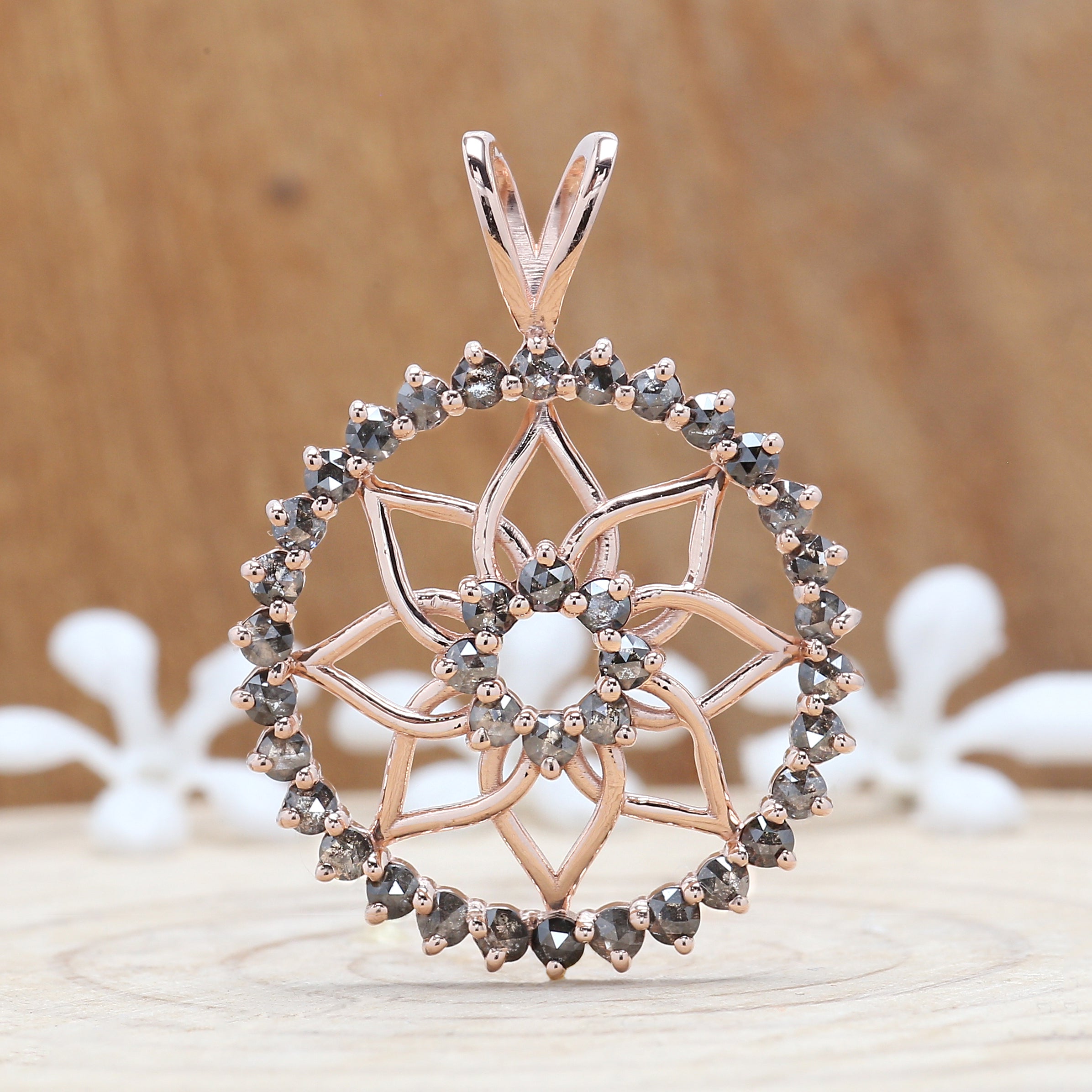 1.45 CT Salt And Pepper Diamond Pendant, Round Rose Cut Diamond Pendant, 14K Rose Gold Pendant, Necklace Pendant, Gift For Her KDK1951