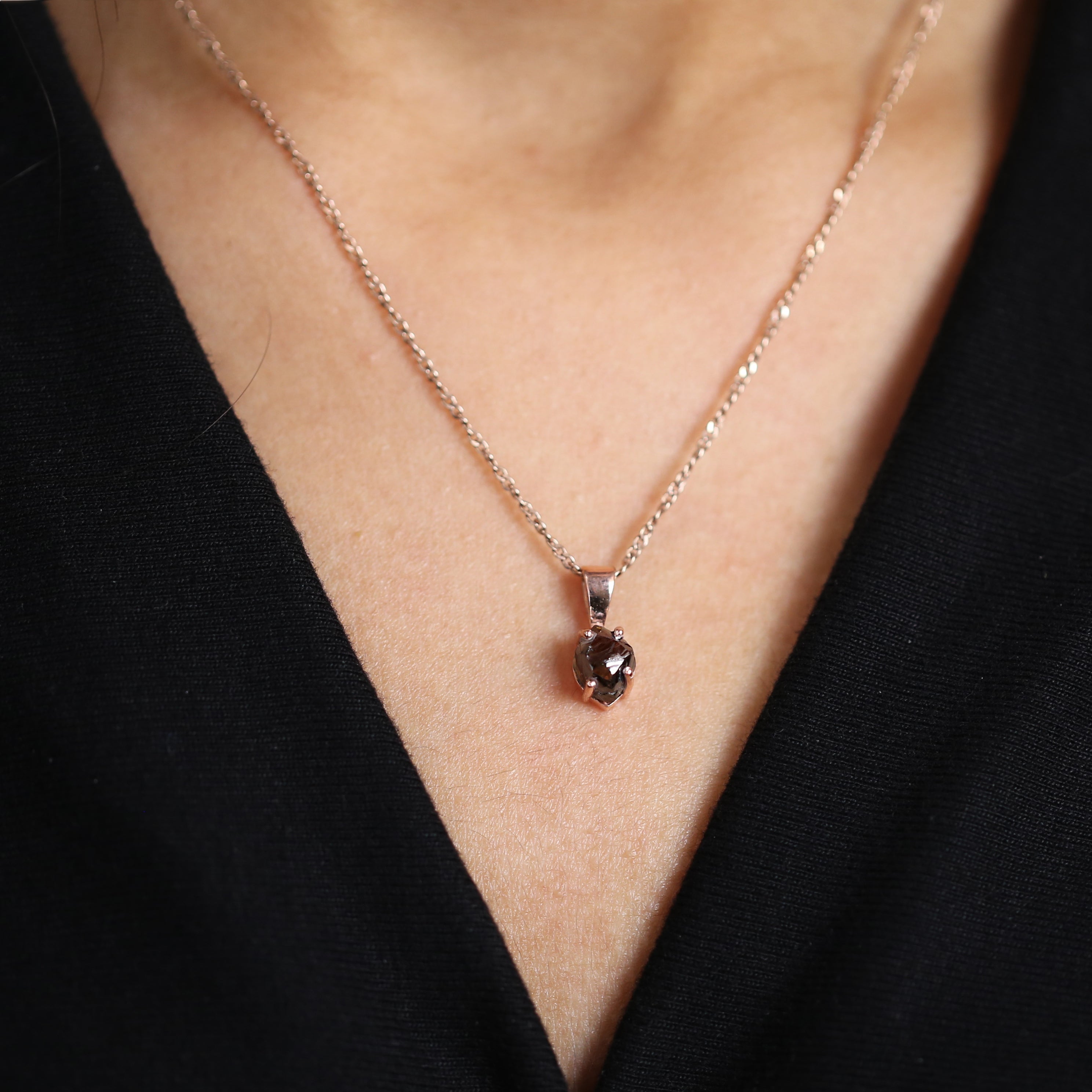 Rough Brown Color Diamond Pendant 2.08 Ct 6.60 MM Rough Diamond Pendant 14K Solid Rose Gold Silver Engagement Pendant Gift For Her QL6300