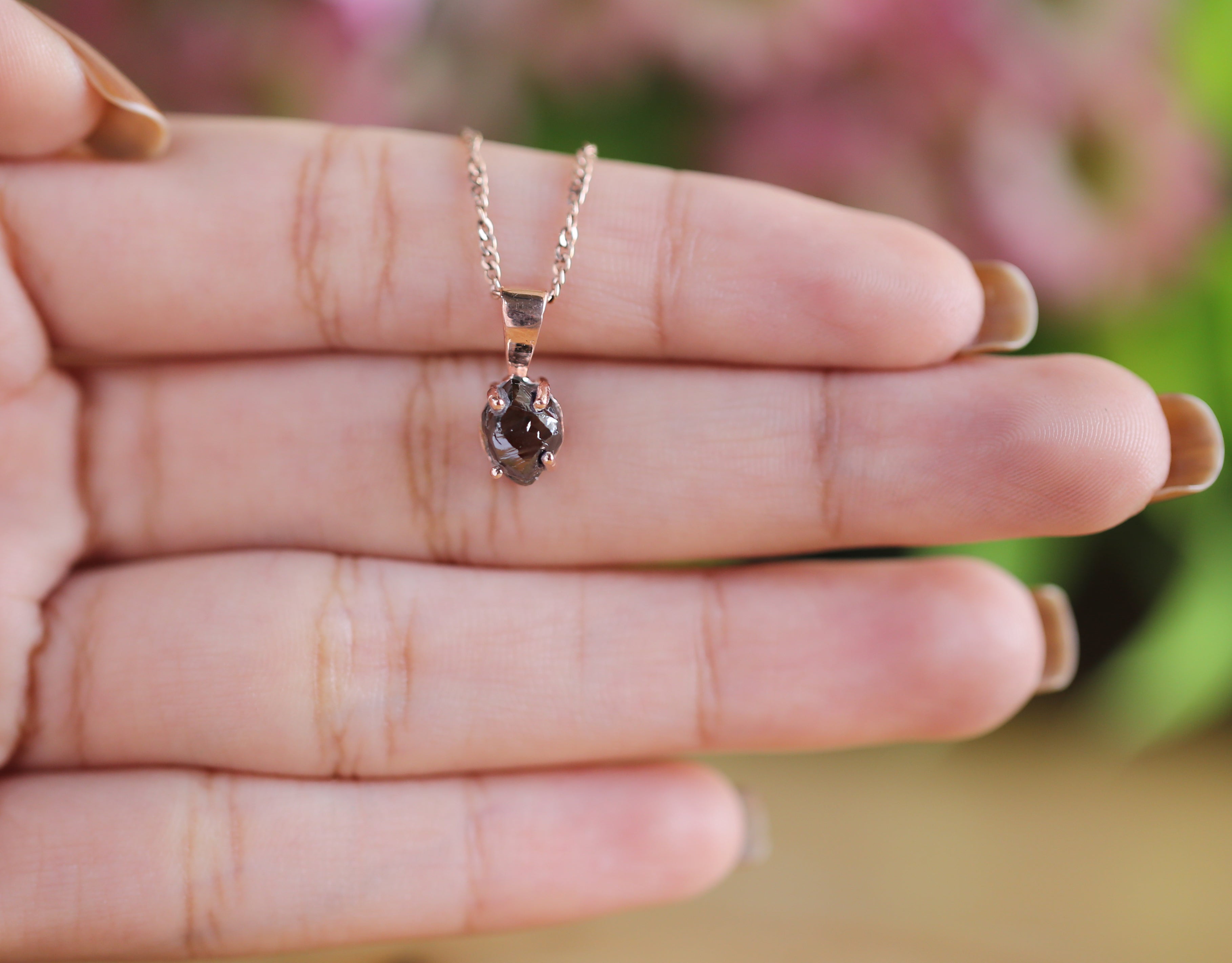 Rough Brown Color Diamond Pendant 2.08 Ct 6.60 MM Rough Diamond Pendant 14K Solid Rose Gold Silver Engagement Pendant Gift For Her QL6300