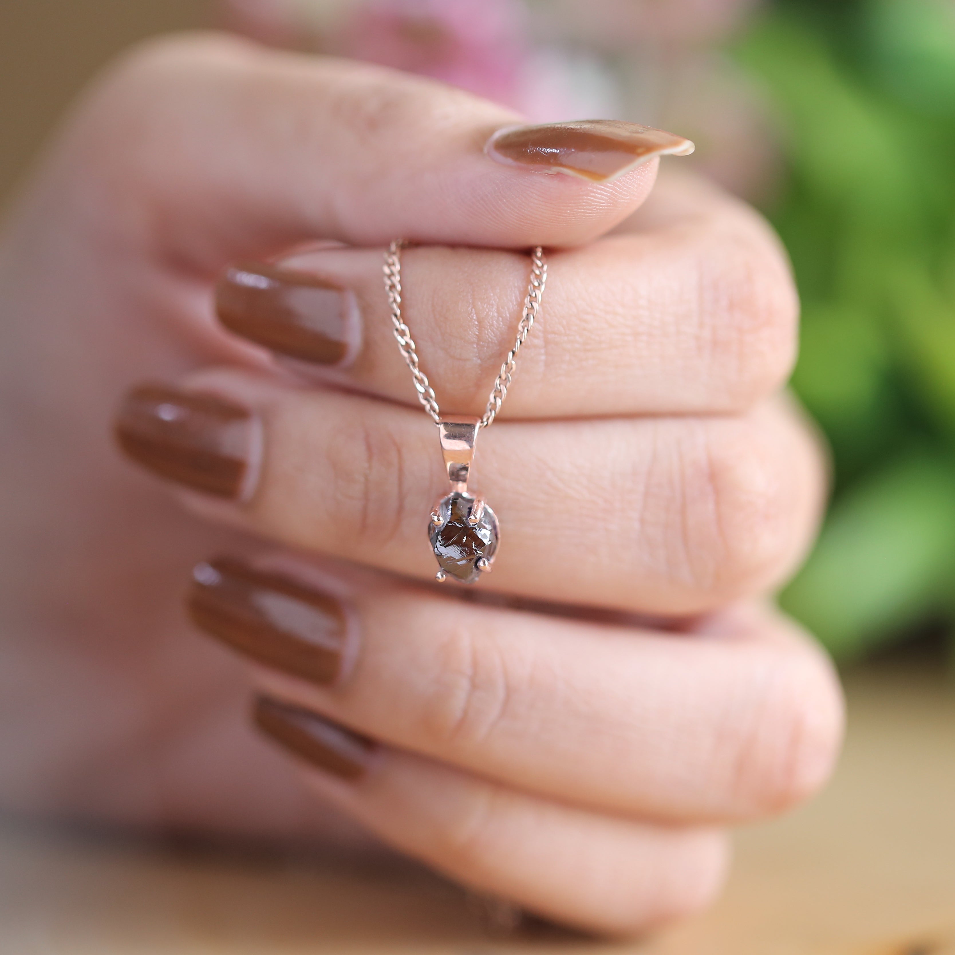 Rough Brown Color Diamond Pendant 2.08 Ct 6.60 MM Rough Diamond Pendant 14K Solid Rose Gold Silver Engagement Pendant Gift For Her QL6300