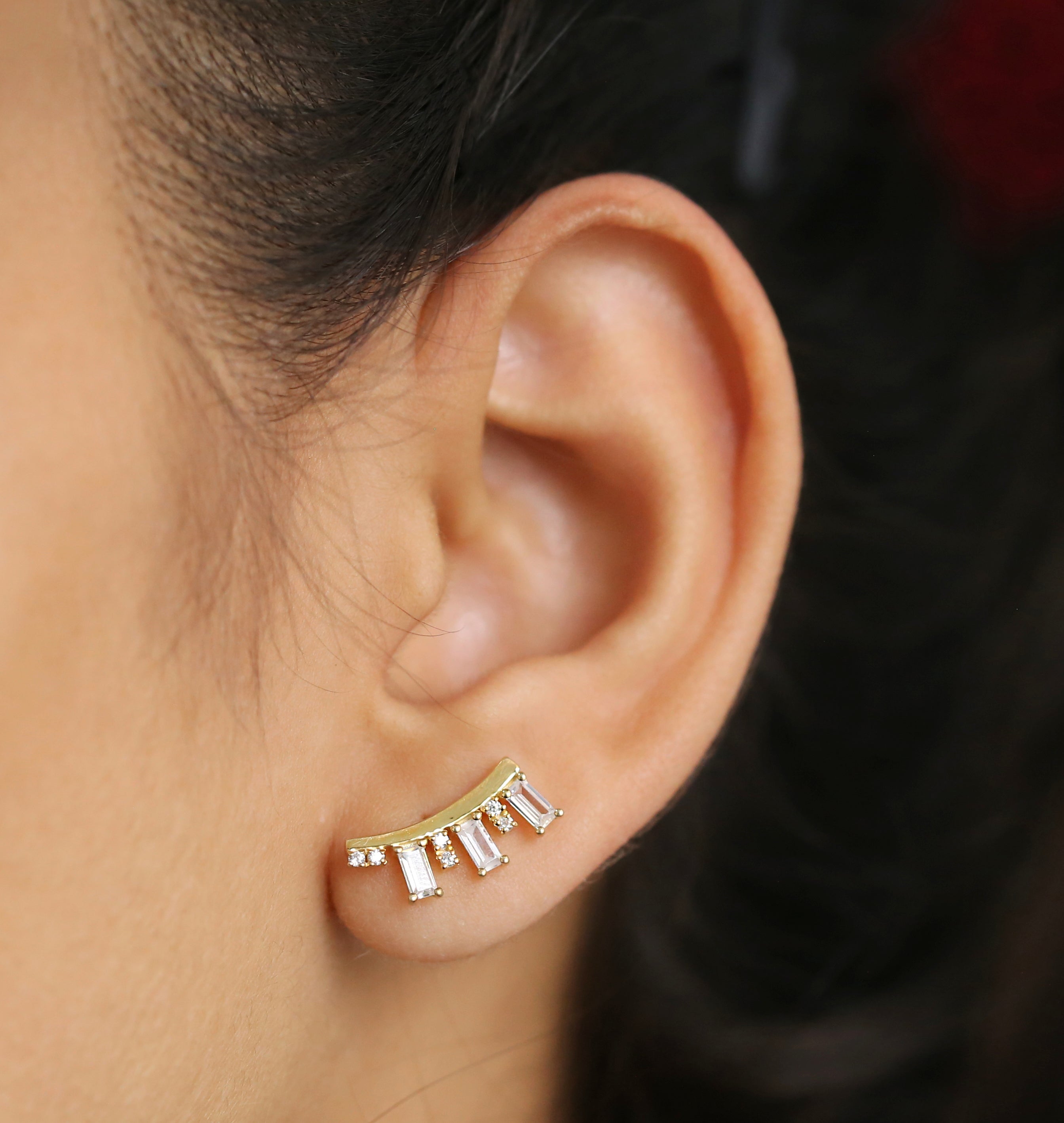 0.84 Ct White Diamond Earring, Baguette Diamond Earring, Round Diamond Earring, 14K Yellow Gold Earring, Gift For Her, Wedding Gift KD935