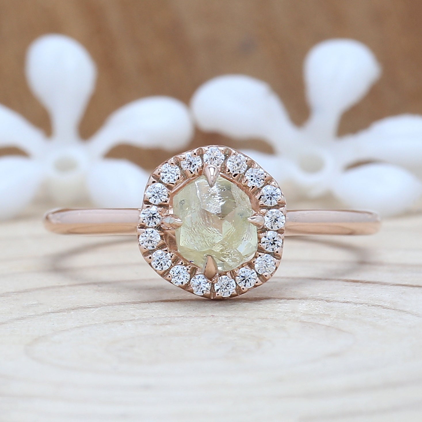 Rough Yellow Color Diamond Ring 0.98 Ct 5.40 MM Crystal Rough Diamond Ring 14K Solid Rose Gold Silver Engagement Ring Gift For Her QN2528