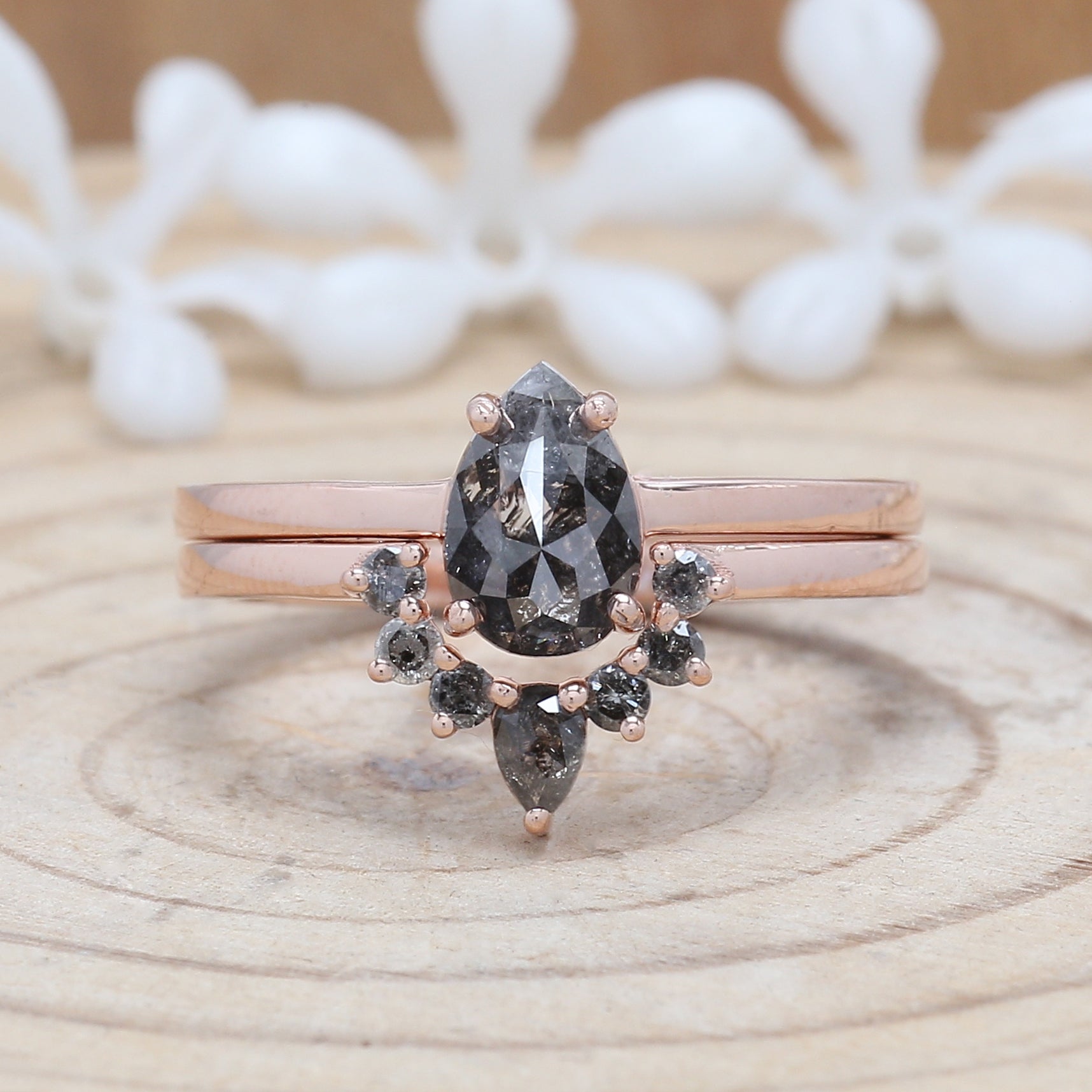 0.93 CT Salt And Pepper Diamond Ring, Pear Diamond Ring, Engagement Ring, 14K Rose Gold Ring, Rose Cut Ring, Wedding Gift For Her KDL680