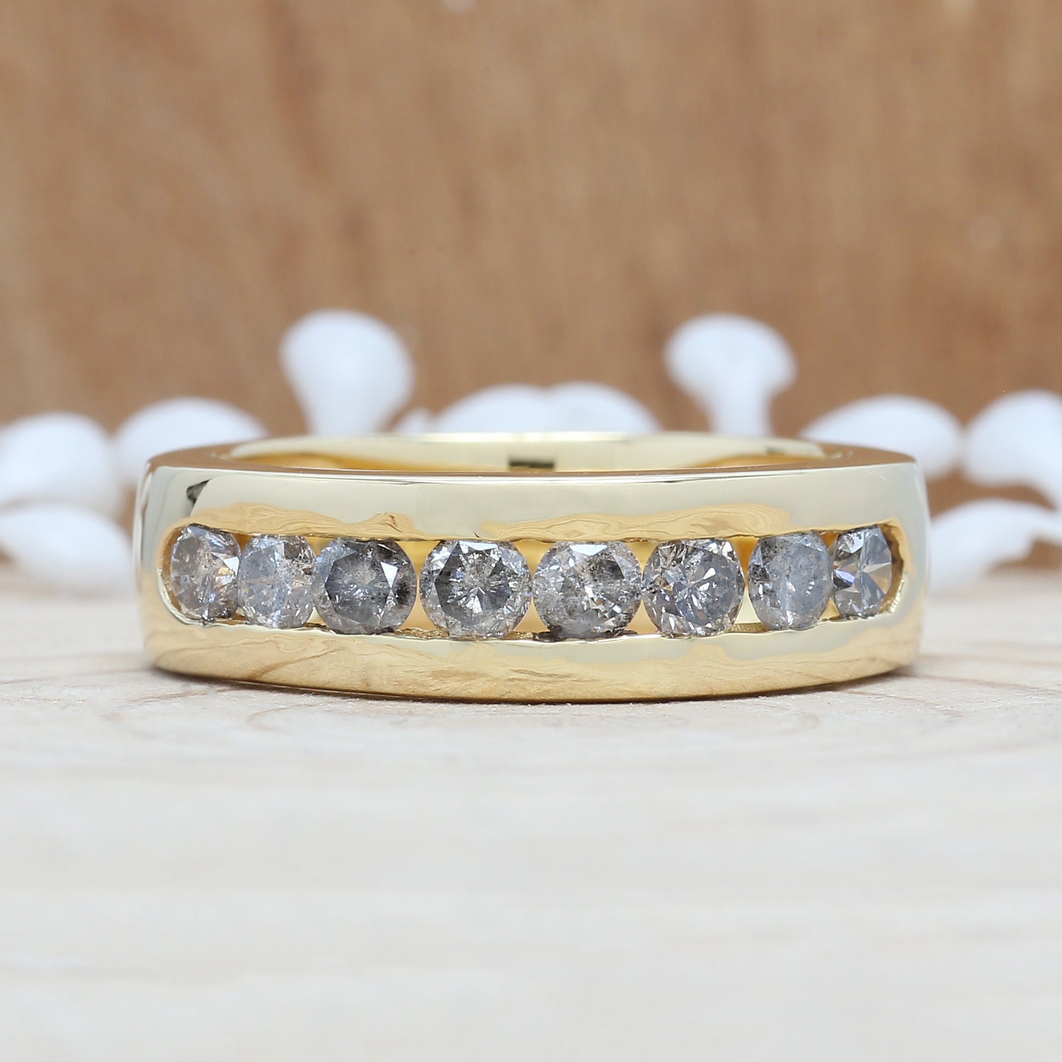 1.29 CT Salt And Pepper Band, Round Brilliant Cut Diamond Band, Engagement Band, 14K Yellow Gold Band, Wedding Band, KD924