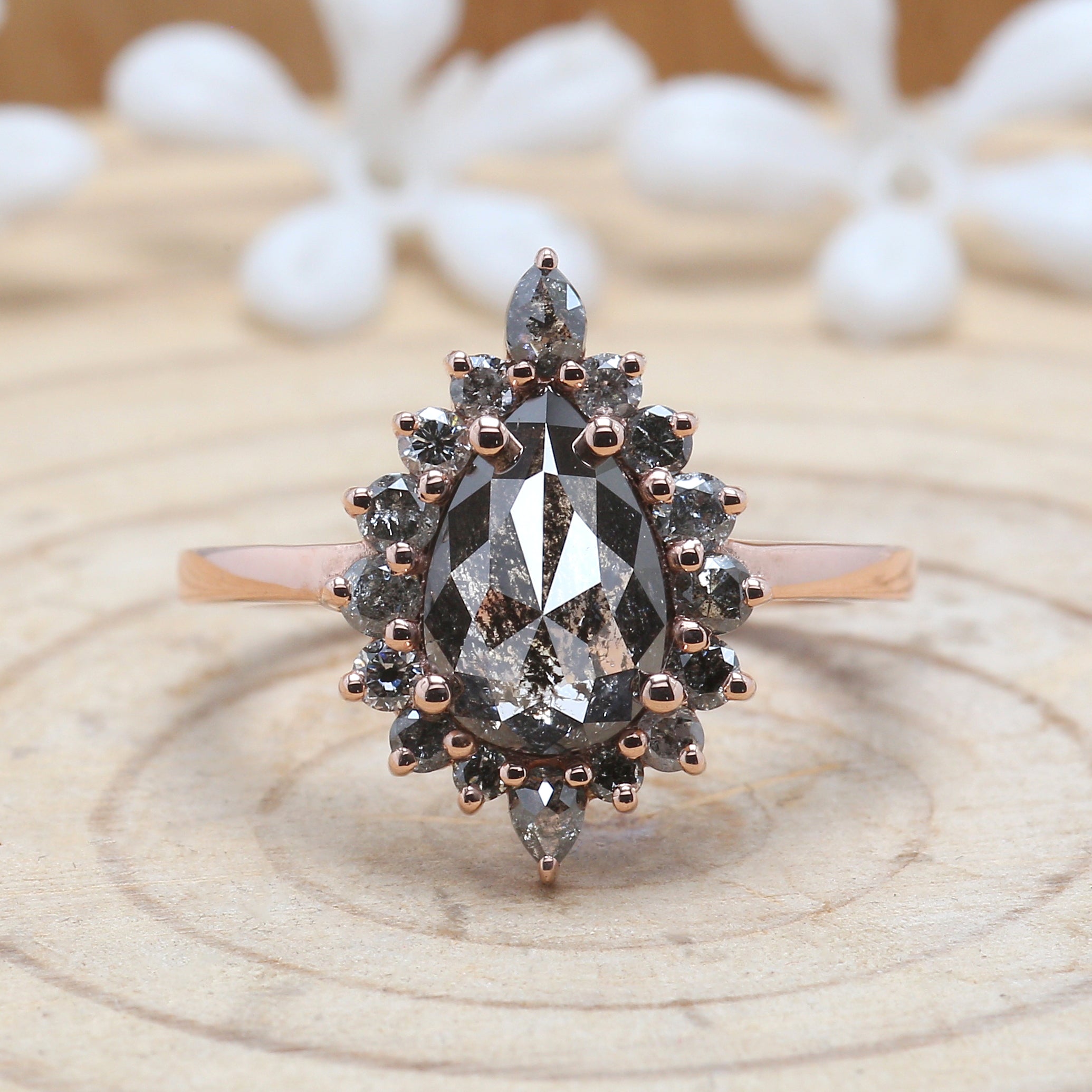1.69 CT Salt And Pepper Ring, Pear Diamond Ring, Engagement Ring, 14K Rose Gold Ring, Rose Cut Ring, Wedding Ring, Gift For Her KDL691