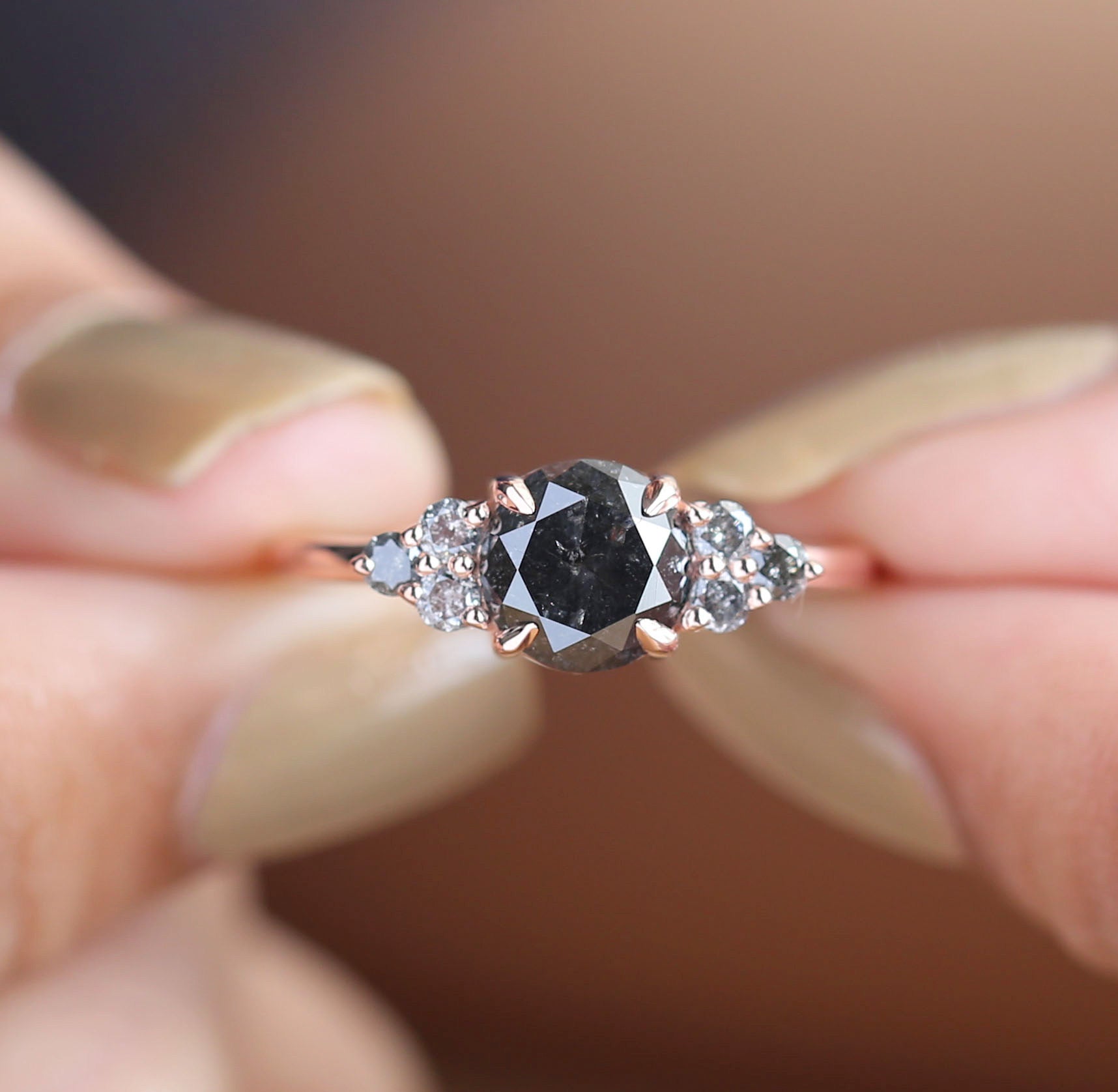 1.35 CT Black Diamond Ring, Round Brilliant Cut Diamond Ring, Engagement Ring, 14K Rose Gold Ring, Wedding Ring, Gift For Her KDL477