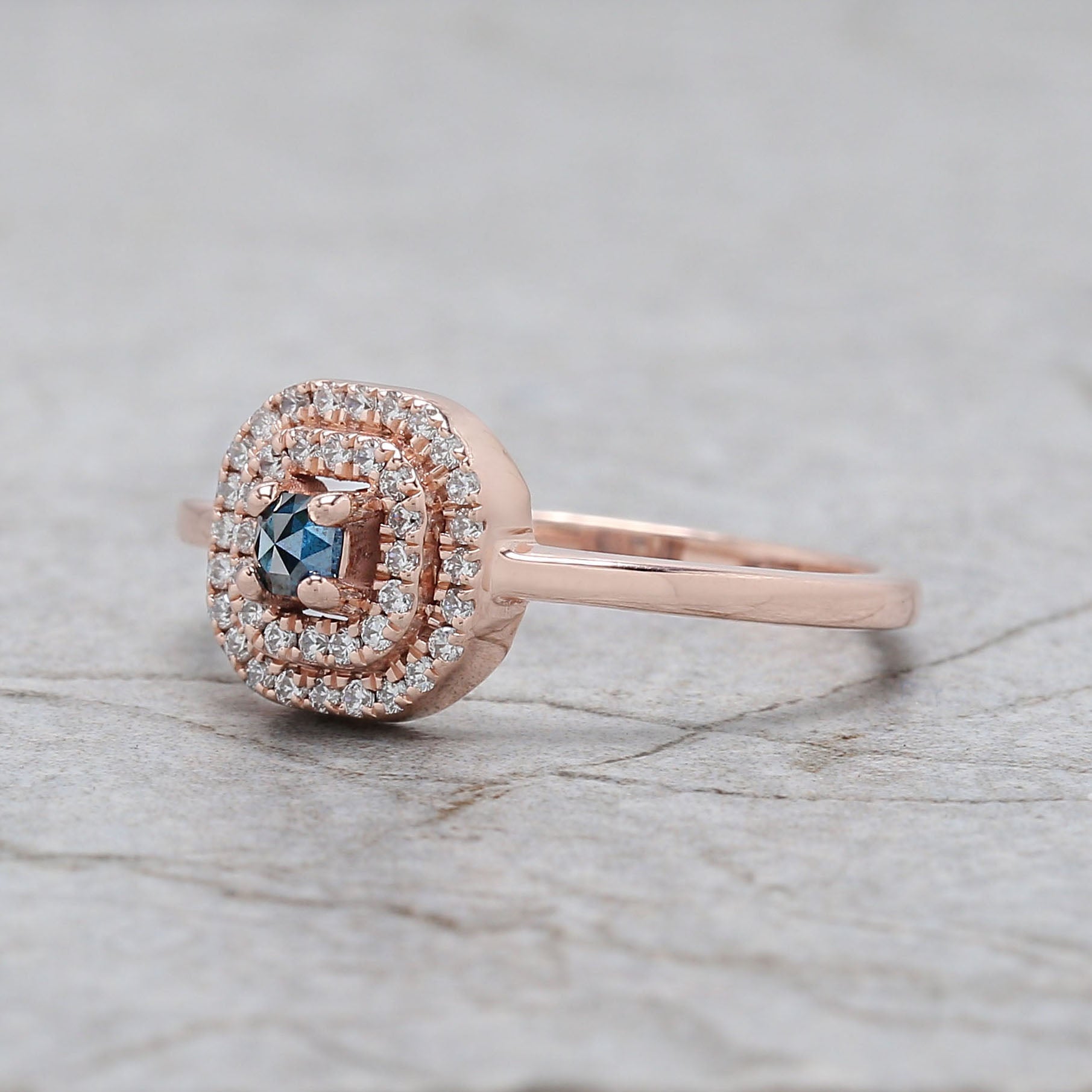 Cushion Shape Blue Color Diamond Ring 0.11 Ct 2.80 MM Cushion Diamond Ring 14K Solid Rose Gold Silver Engagement Ring Gift For Her QN2534