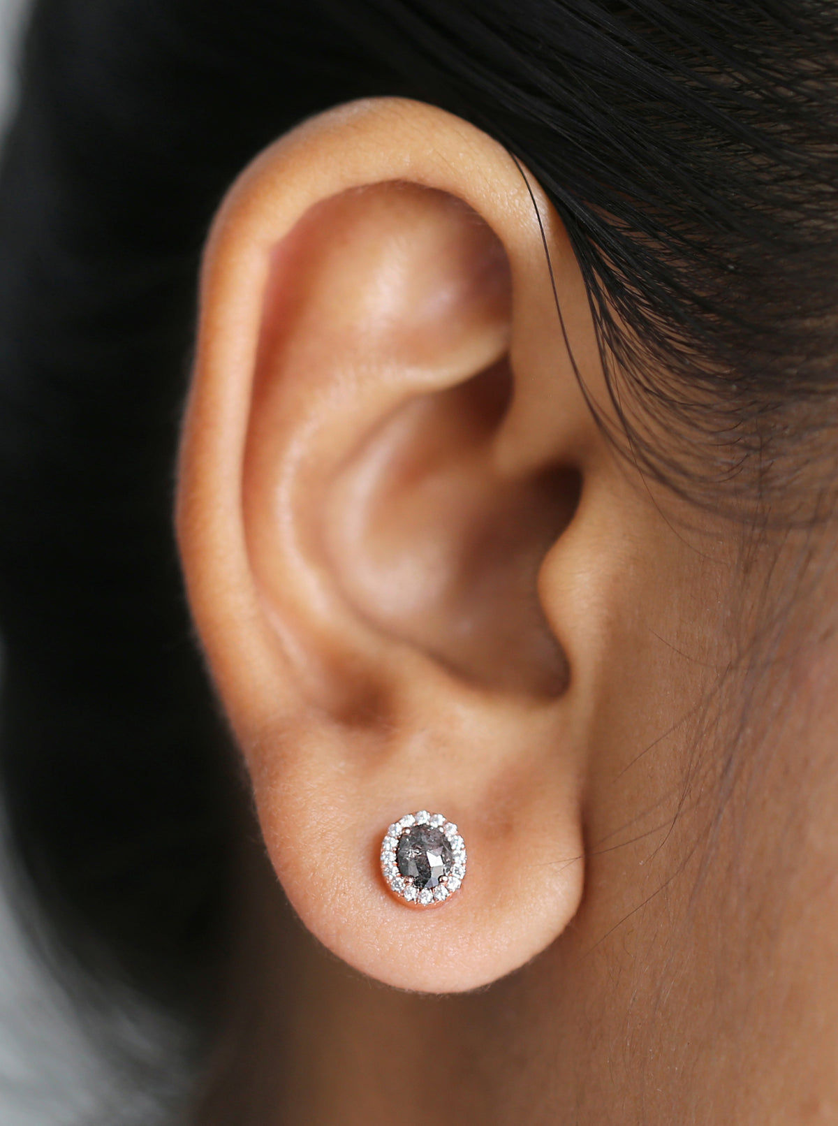 Oval Salt And Pepper Diamond Earring 0.67 Ct 5.04 MM Oval Diamond Earring 14K Solid Rose Gold Silver Engagement Earring Gift For Her QL2528