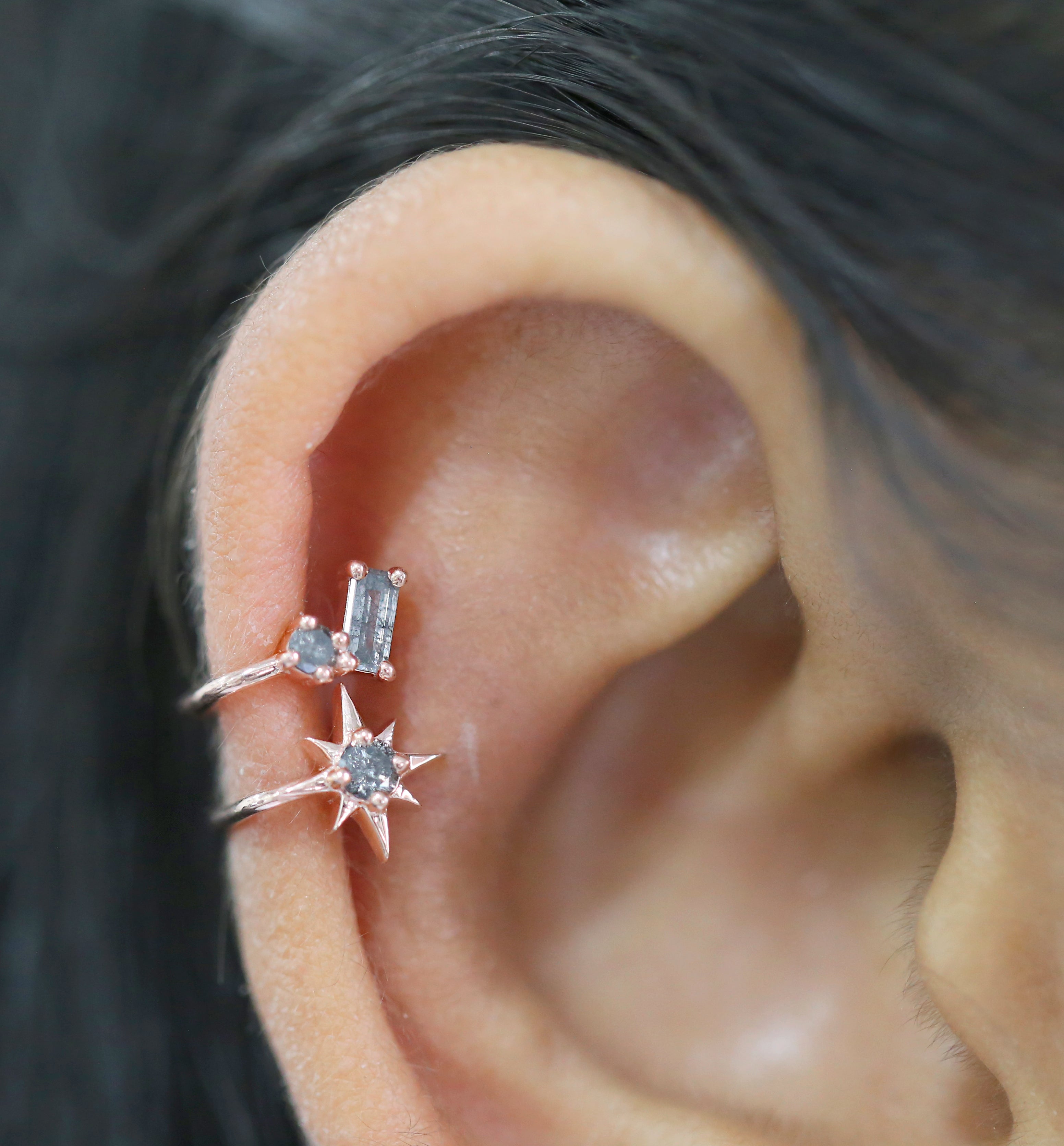 Baguette Round Shape Salt And Pepper Diamond 14K Solid Rose White Yellow Gold Ear Cuff Ring Engagement Wedding Gift Ear Cuff KD1084