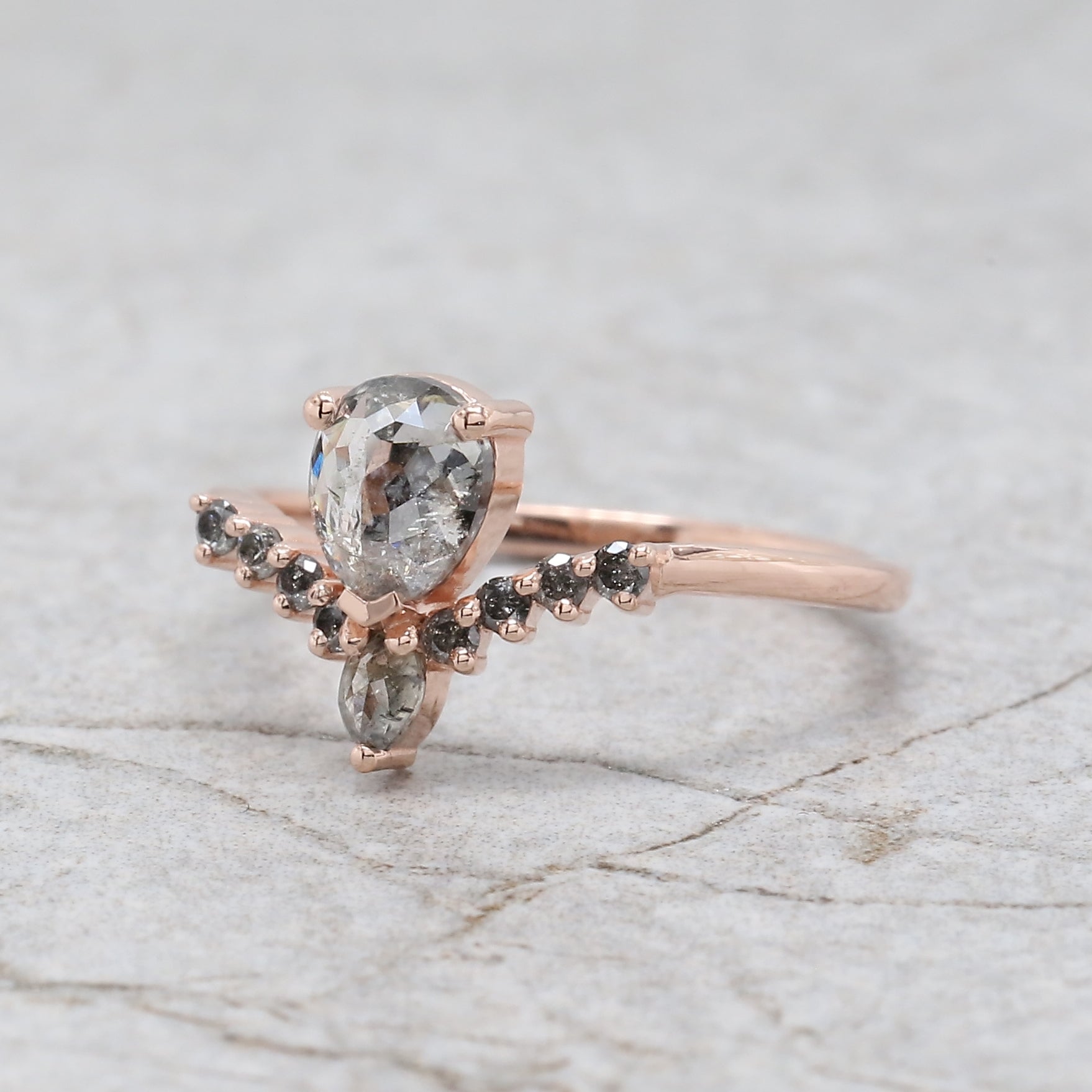 Pear Cut Salt And Pepper Diamond Ring 0.83 Ct 6.35 MM Pear Shape Diamond Ring 14K Solid Rose Gold Silver Engagement Ring Gift For Her QL8506