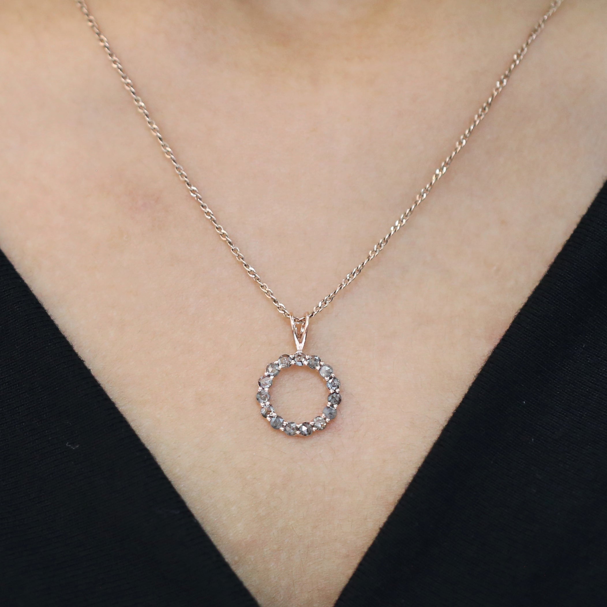 0.86 Ct Natural Round Rose Cut Salt And Pepper Diamond Pendant 2.00 MM Round Cut Diamond Pendant 14K Rose Gold Silver Engagement KD1215