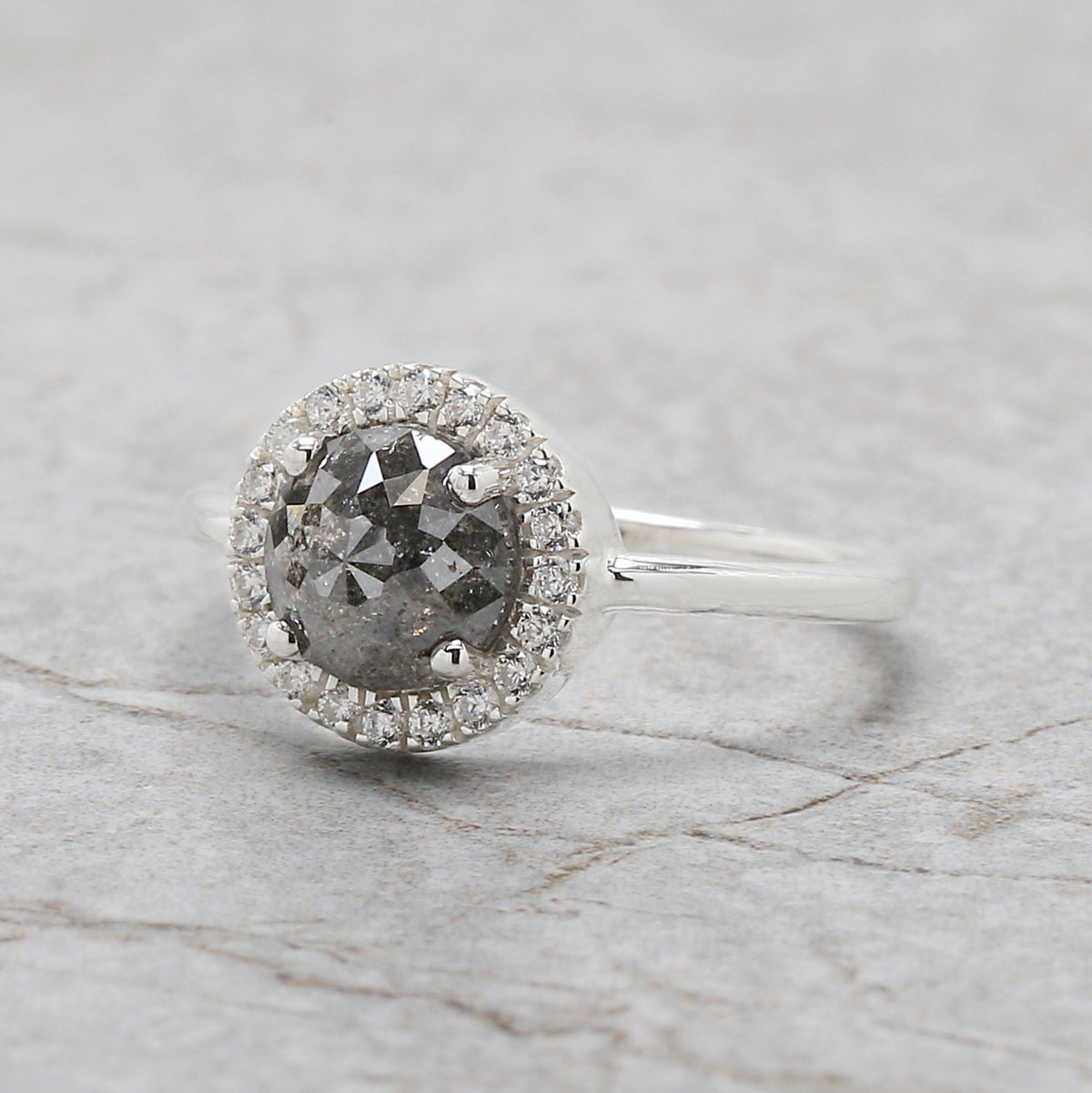 1.50 Ct Natural Rose Cut Salt And Pepper Diamond Ring 6.65 MM Round Rose Cut Diamond Ring 14K Solid White Gold Silver Engagement Ring QN770