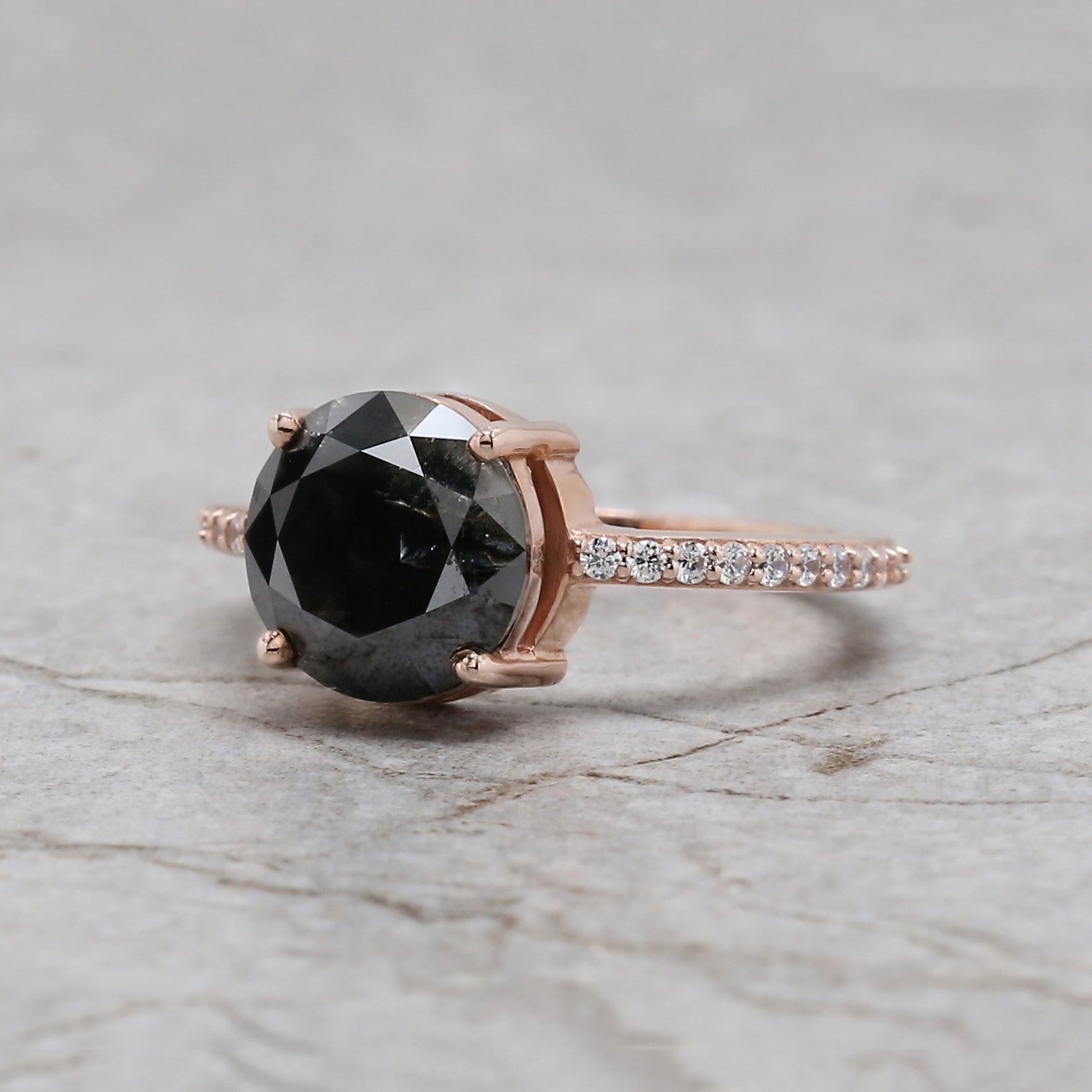 Round Cut Black Color Diamond Ring 2.93 Ct 9.00 MM Round Shape Diamond Ring 14K Solid Rose Gold Silver Engagement Ring Gift For Her QL389