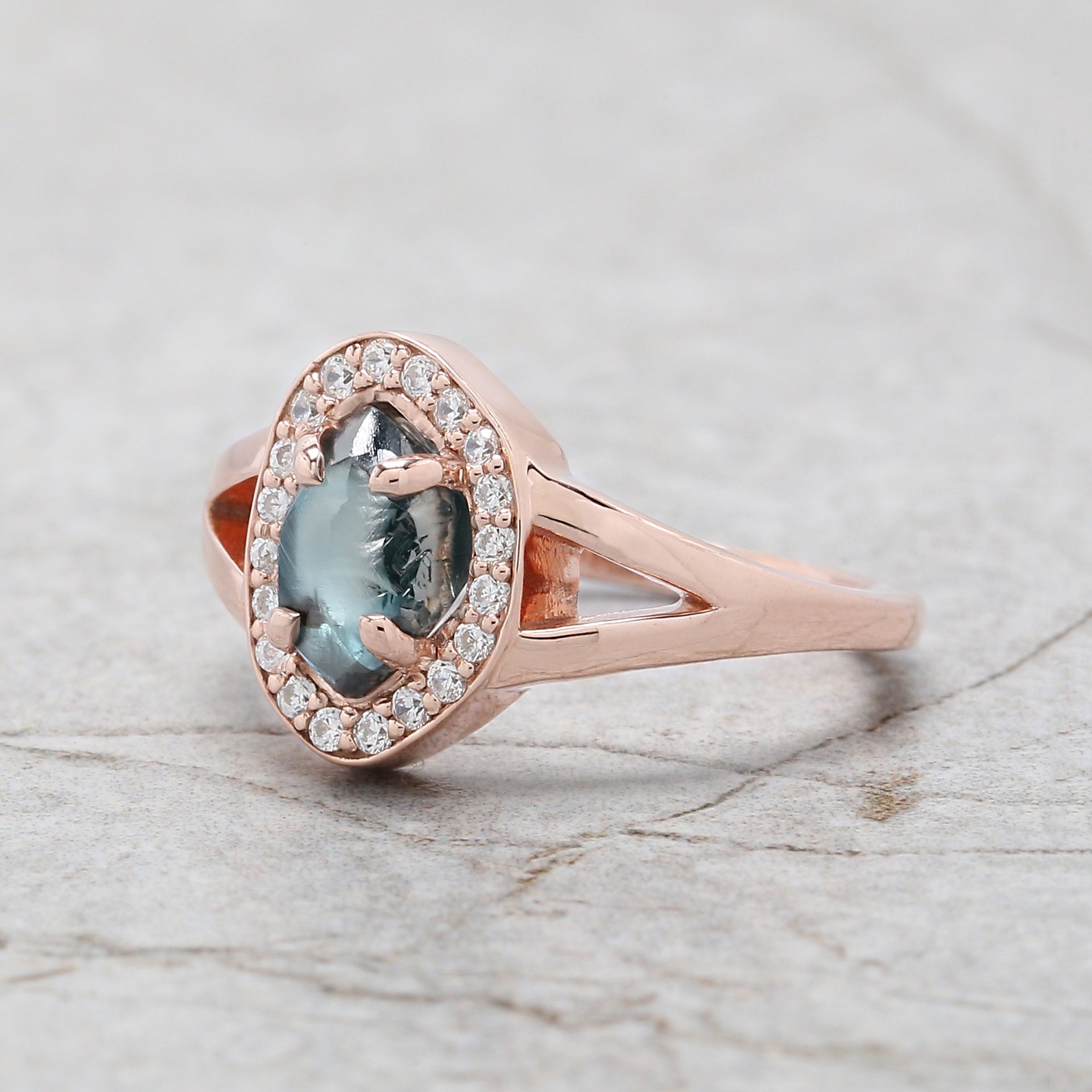 Rough Blue Color Diamond Ring 1.40 Ct 8.04 MM Crystal Rough Diamond Ring 14K Solid Rose Gold Silver Engagement Ring Gift For Her QL2295