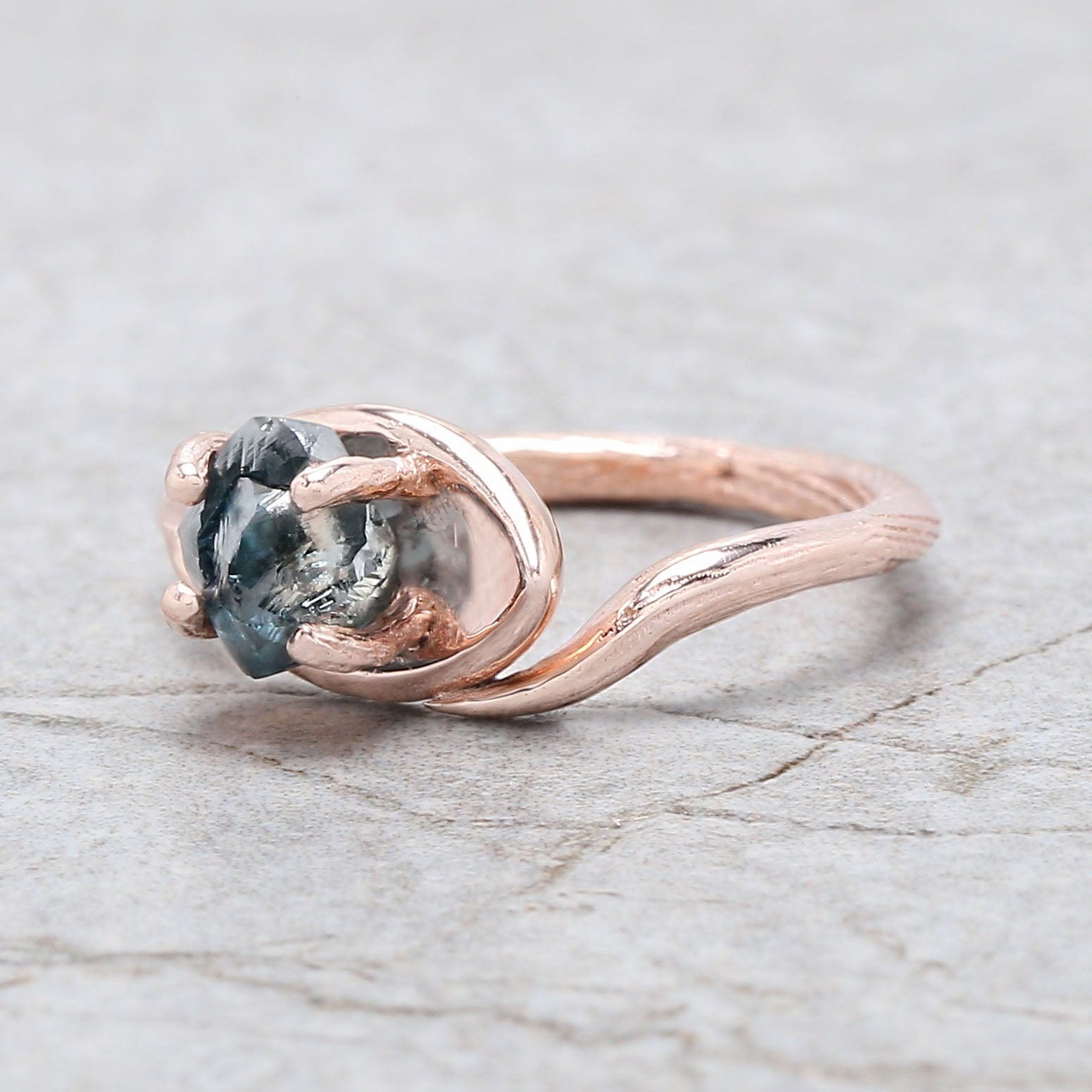 Rough Blue Color Diamond Ring 1.30 Ct 6.12 MM Crystal Rough Diamond Ring 14K Solid Rose Gold Silver Engagement Ring Gift For Her QL2277