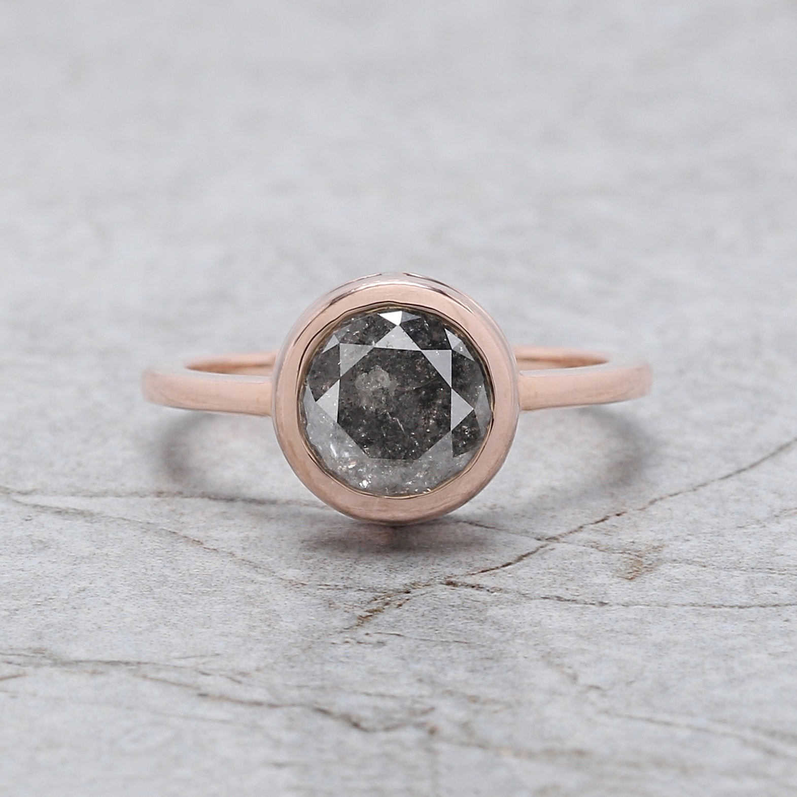 Round Cut Salt And Pepper Diamond Ring 1.96 Ct 7.49 MM Round Diamond Ring 14K Solid Rose Gold Silver Engagement Ring Gift For Her QL8077