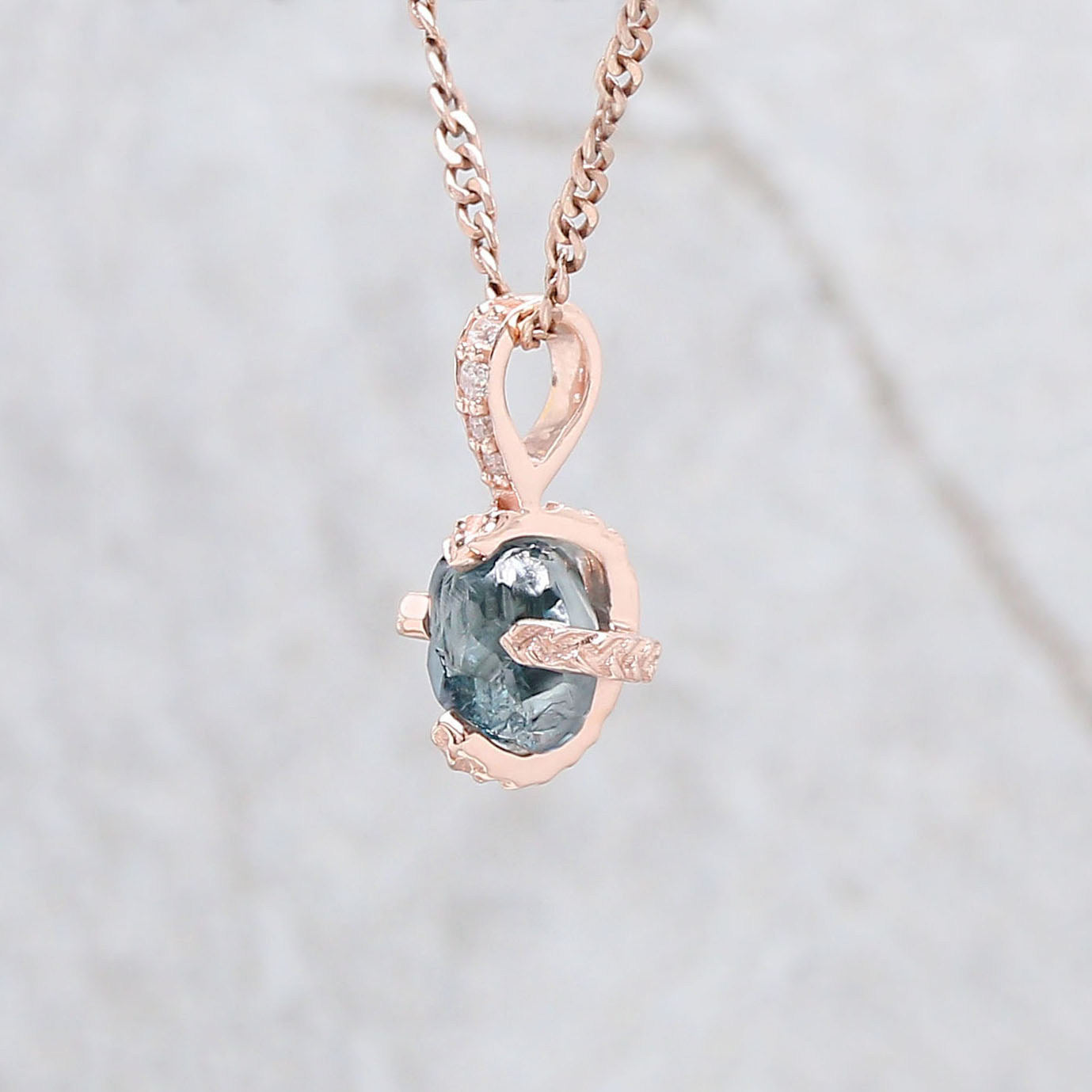 Rough Blue Color Diamond Pendant 1.36 Ct 6.31 MM Uncut Diamond Pendant 14K Solid Rose Gold Silver Engagement Pendant Gift For Her QL2343