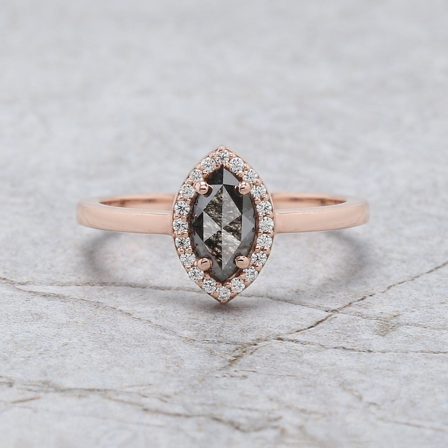 Marquise Cut Salt And Pepper Diamond Ring 0.55 Ct 7.50 MM Marquise Diamond Ring 14K Rose Gold Silver Engagement Ring Gift For Her QL3120