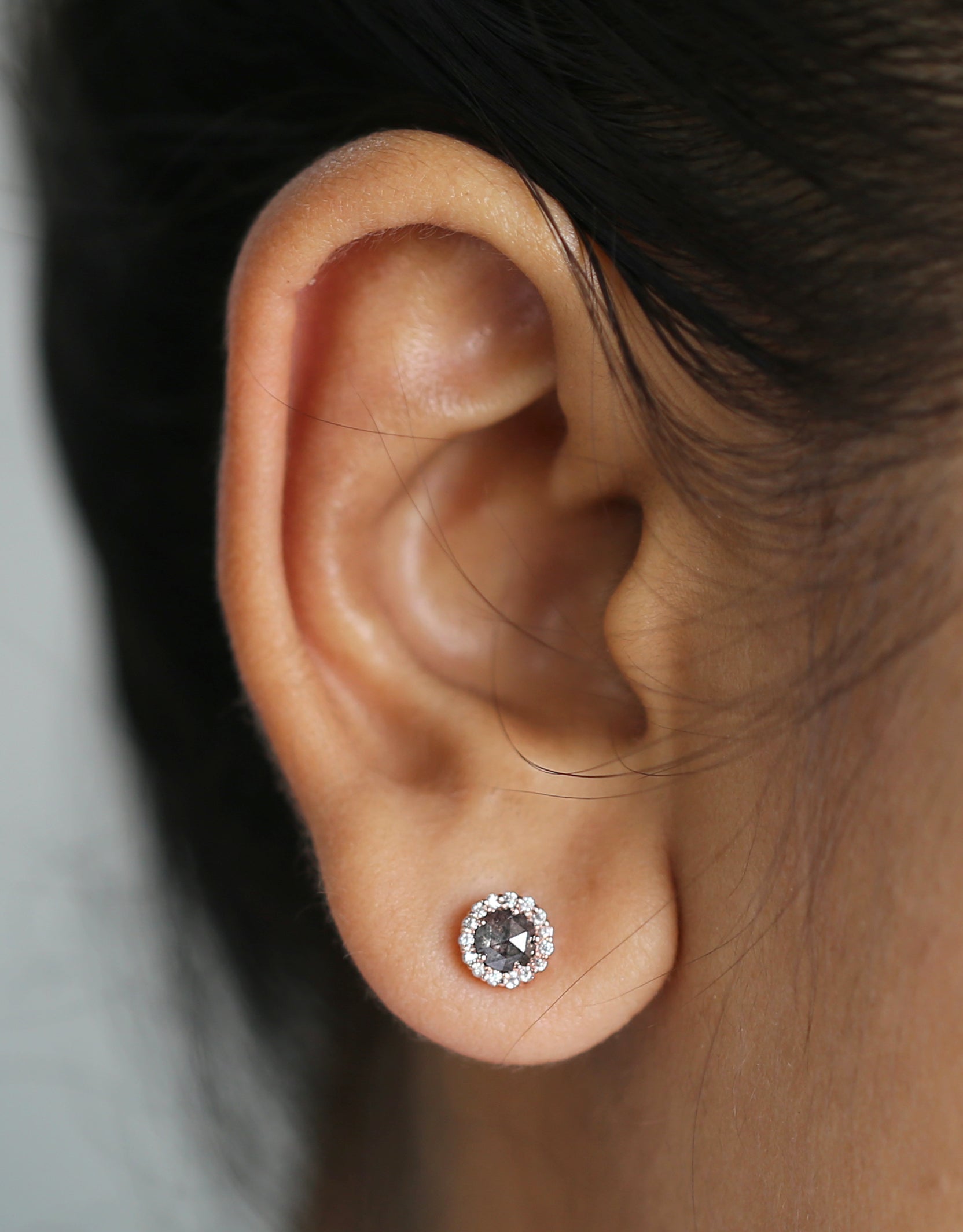 Round Rose Cut Salt And Pepper Diamond Earring 0.78 Ct 4.30 MM Round Diamond Earring 14K Solid Rose Gold Silver Engagement Earring QN1791