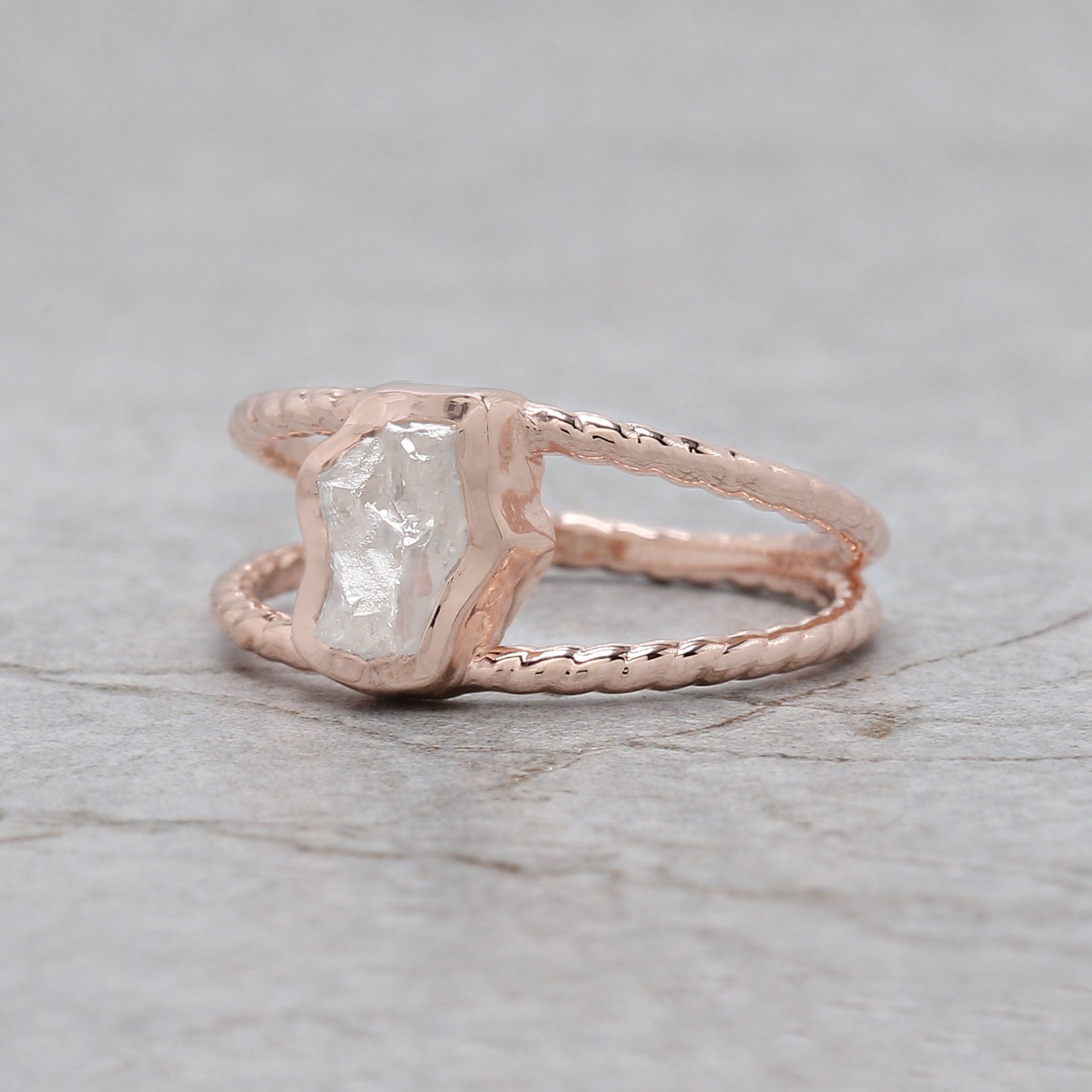 Rough White-F Color Diamond Ring 0.79 Ct 7.85 MM Crystal Rough Diamond Ring 14K Solid Rose Gold Silver Engagement Ring Gift For Her QN503