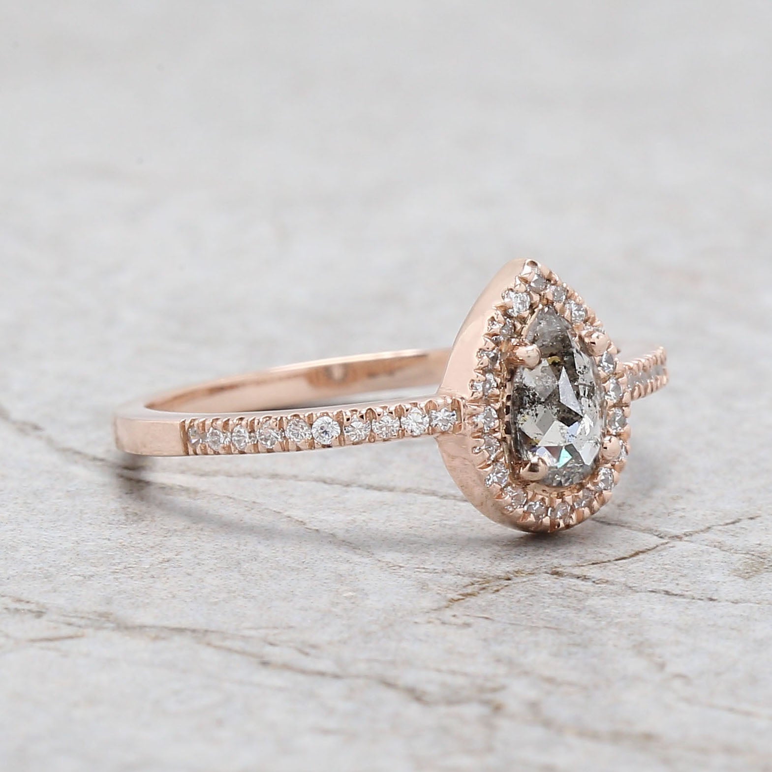 Pear Cut Salt And Pepper Diamond Ring 0.45 Ct 6.55 MM Pear Shape Diamond Ring 14K Solid Rose Gold Silver Engagement Ring Gift For Her QL3133