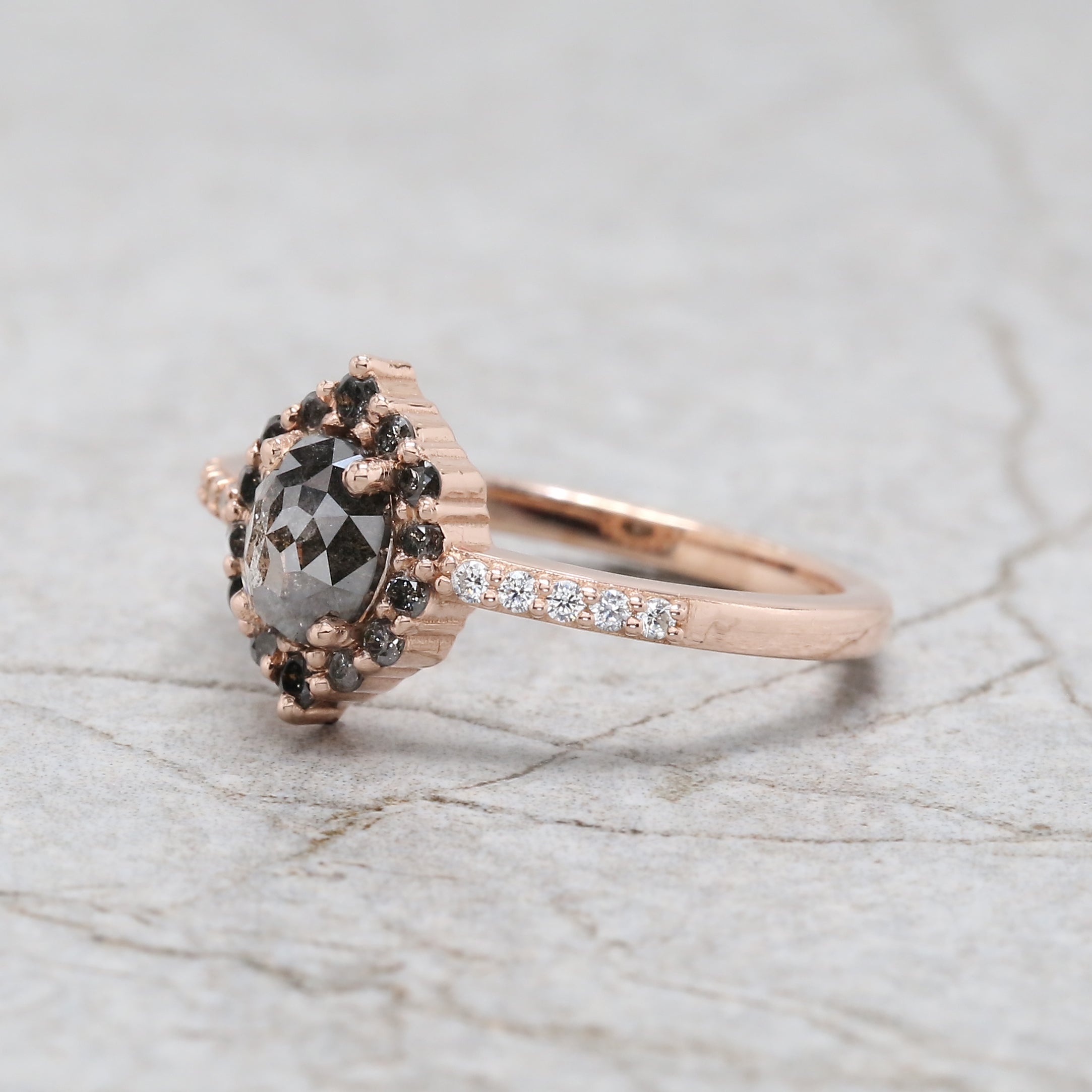 Oval Cut Salt And Pepper Diamond Ring 0.93 Ct 6.05 MM Oval Shape Diamond Ring 14K Solid Rose Gold Silver Engagement Ring Gift For Her QN2522