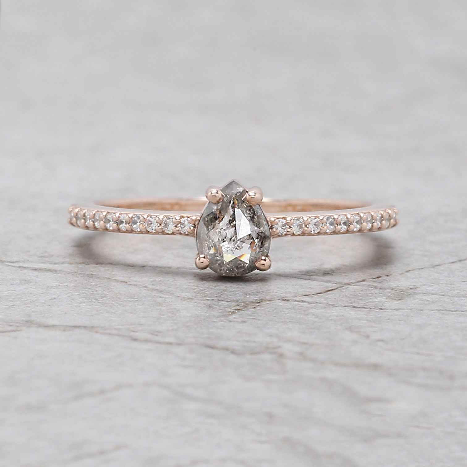 Pear Cut Salt And Pepper Diamond Ring 0.34 Ct 5.80 MM Pear Diamond Ring 14K Solid Rose Gold Silver Pear Engagement Ring Gift For Her QL3127