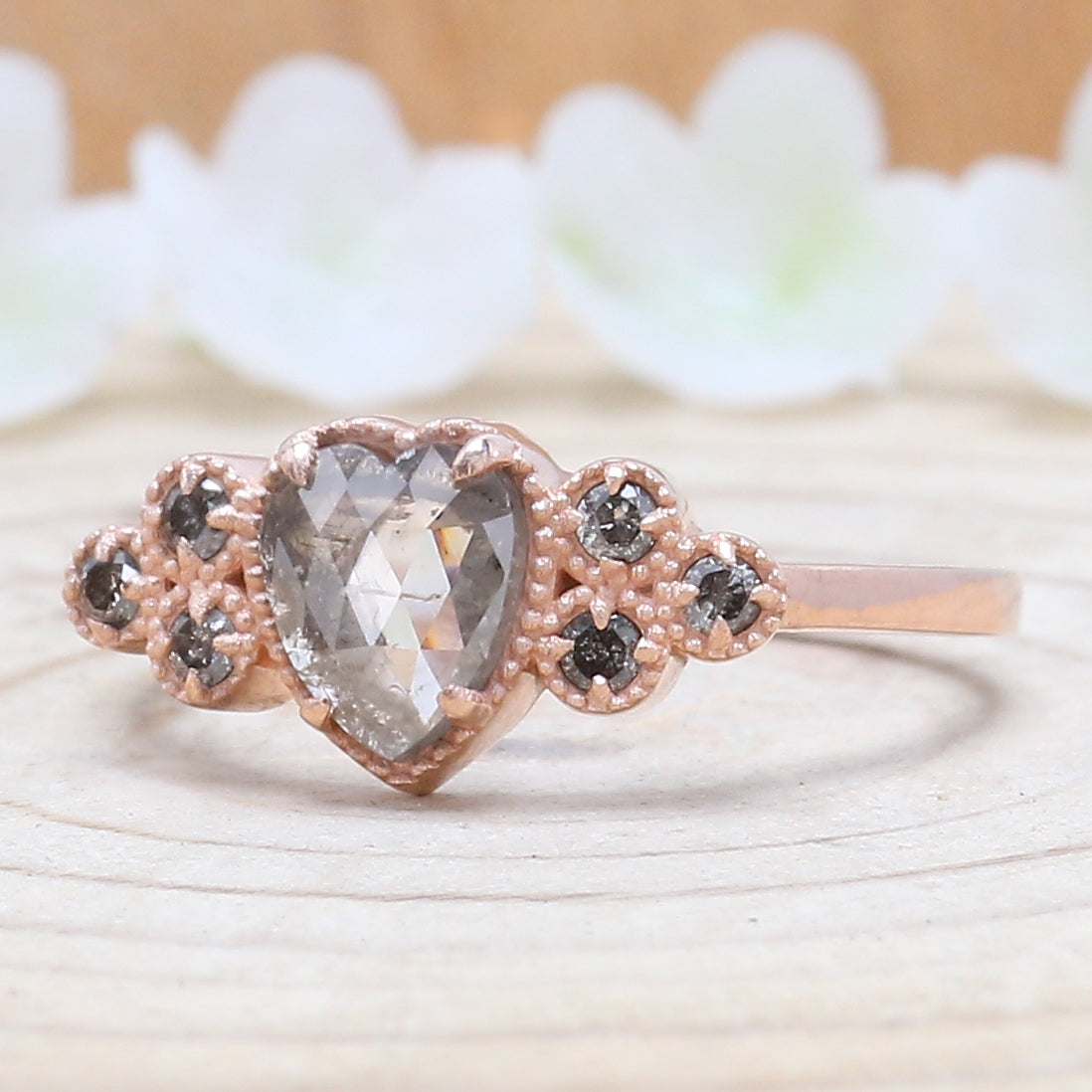 Heart Salt And Pepper Diamond Ring 0.65 Ct 6.65 MM Heart Shape Diamond Ring 14K Solid Rose Gold Silver Engagement Ring Gift For Her QL1627