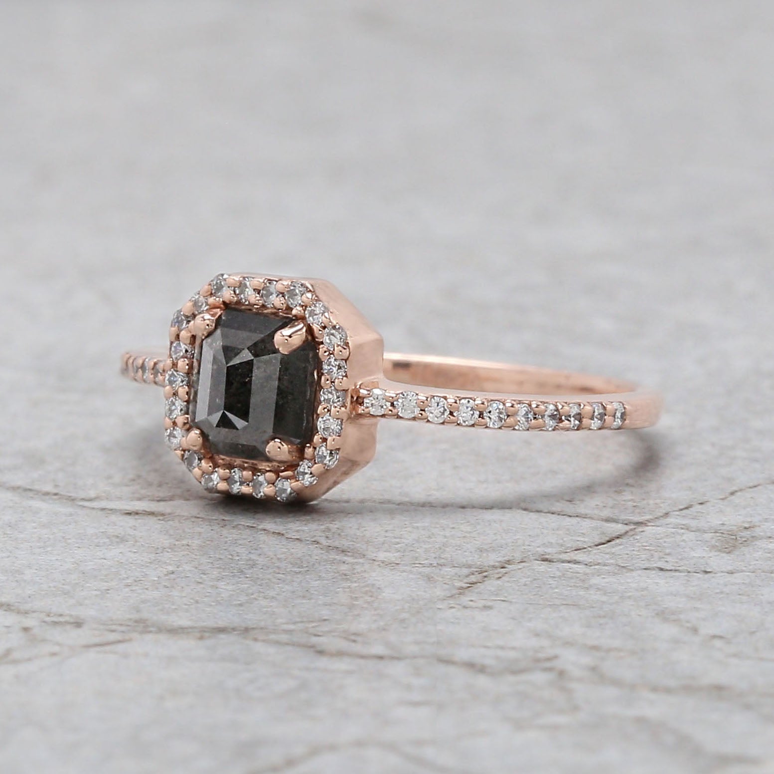 Emerald Cut Salt And Pepper Diamond Ring 0.69 Ct 5.46 MM Emerald Diamond Ring 14K Solid Rose Gold Silver Engagement Ring Gift For Her QL3129