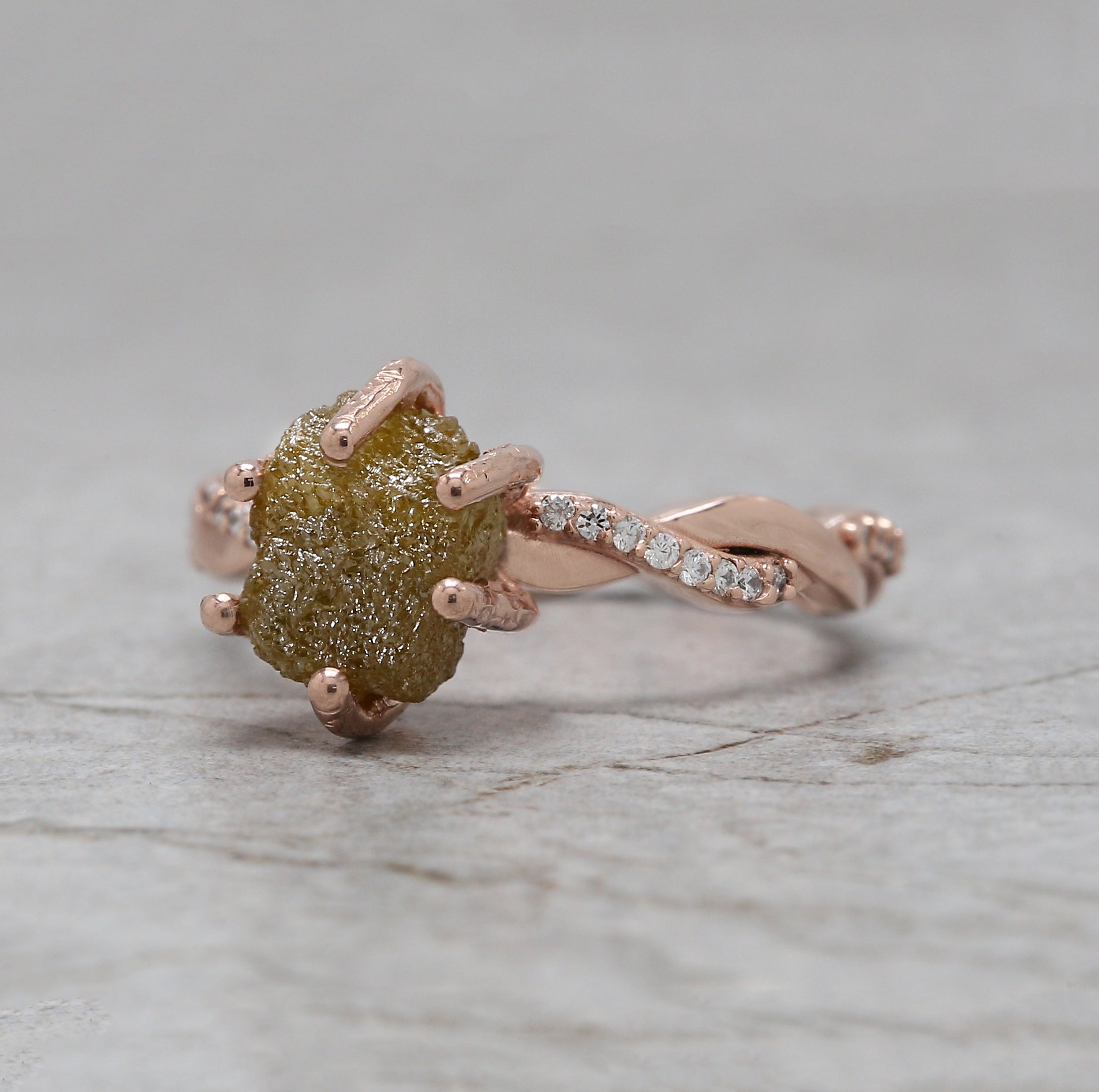 Rough Yellow Color Diamond Ring 3.34 Ct 8.50 MM Crystal Rough Diamond Ring 14K Solid Rose Gold Silver Engagement Ring Gift For Her QK1038