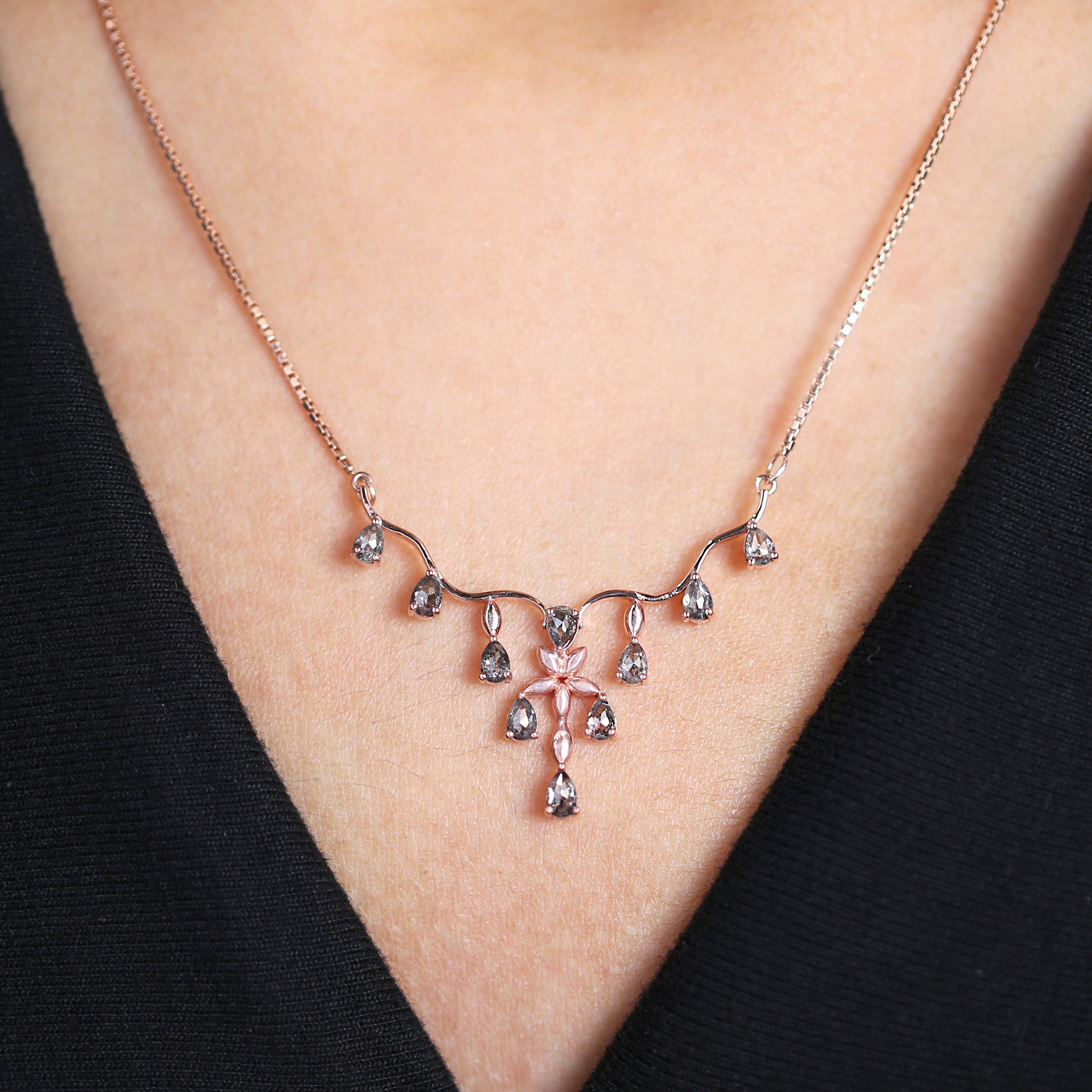 Pear Cut Salt And Pepper Diamond Pendant 1.19 Ct 4.25 MM Pear Shape Diamond Pendant 14K Solid Rose Gold Silver Engagement Pendant QL1294