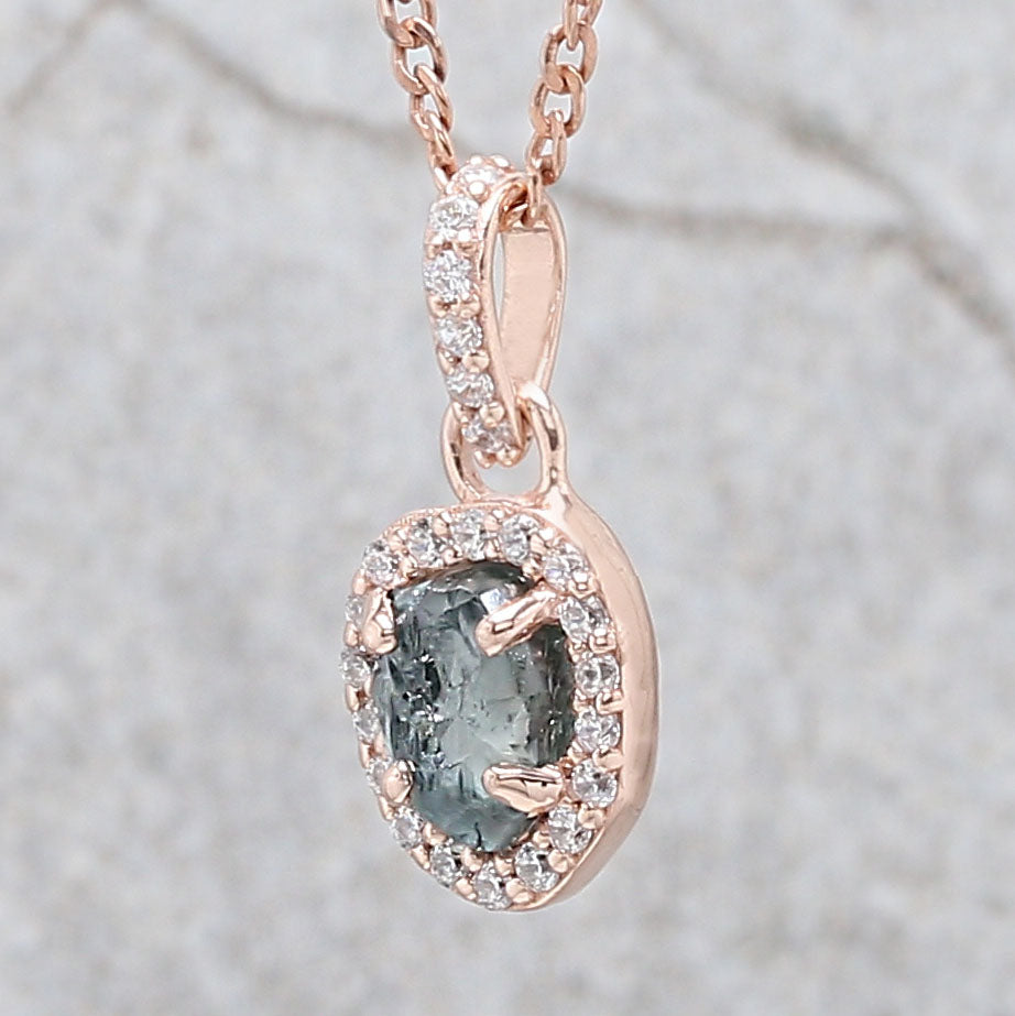 Rough Blue Color Diamond Pendant 1.04 Ct 6.61 MM Uncut Diamond Pendant 14K Solid Rose Gold Silver Engagement Pendant Gift For Her QL2256