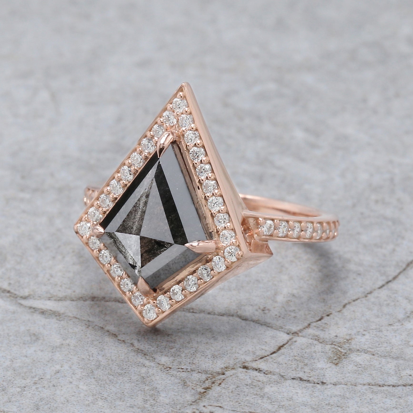 Kite Cut Salt And Pepper Diamond Ring 2.71 Ct 12.03 MM Kite Diamond Ring 14K Solid Rose Gold Silver Kite Engagement Ring Gift For Her QL2121