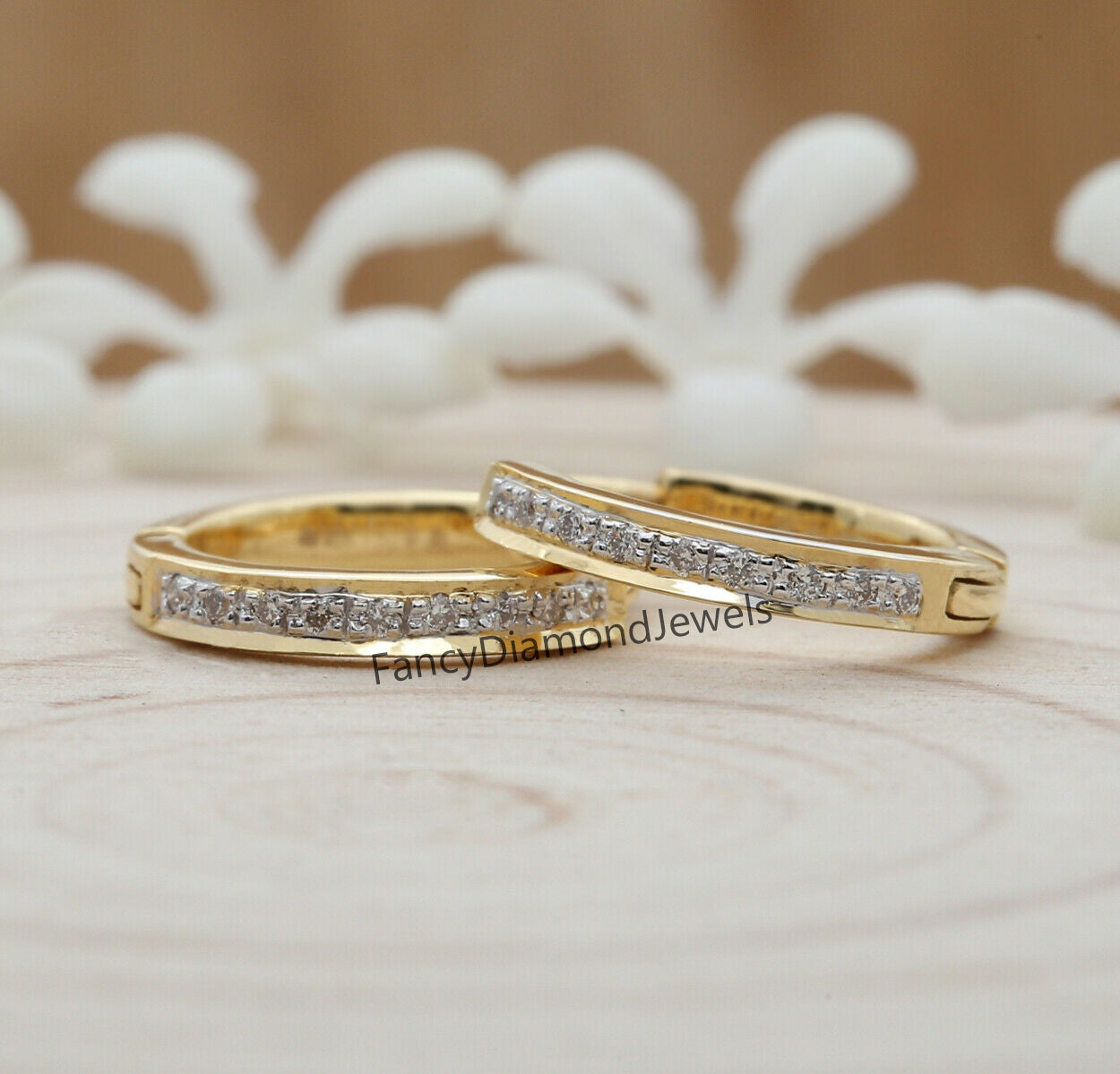 Natural White Round Diamond Earring 14K Yellow Gold Hoop Earring Valentine Gift KD900