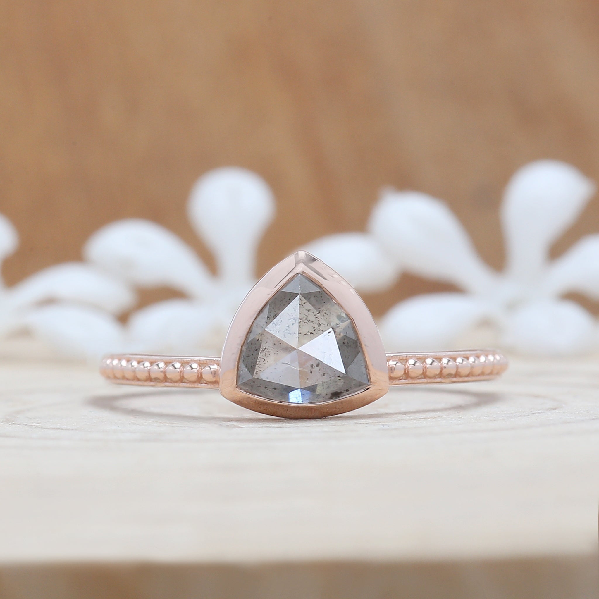 Triangle Salt And Pepper Diamond Ring 1.12 Ct 6.60 MM Triangle Diamond Ring 14K Solid Rose Gold Silver Engagement Ring Gift For Her QN8947