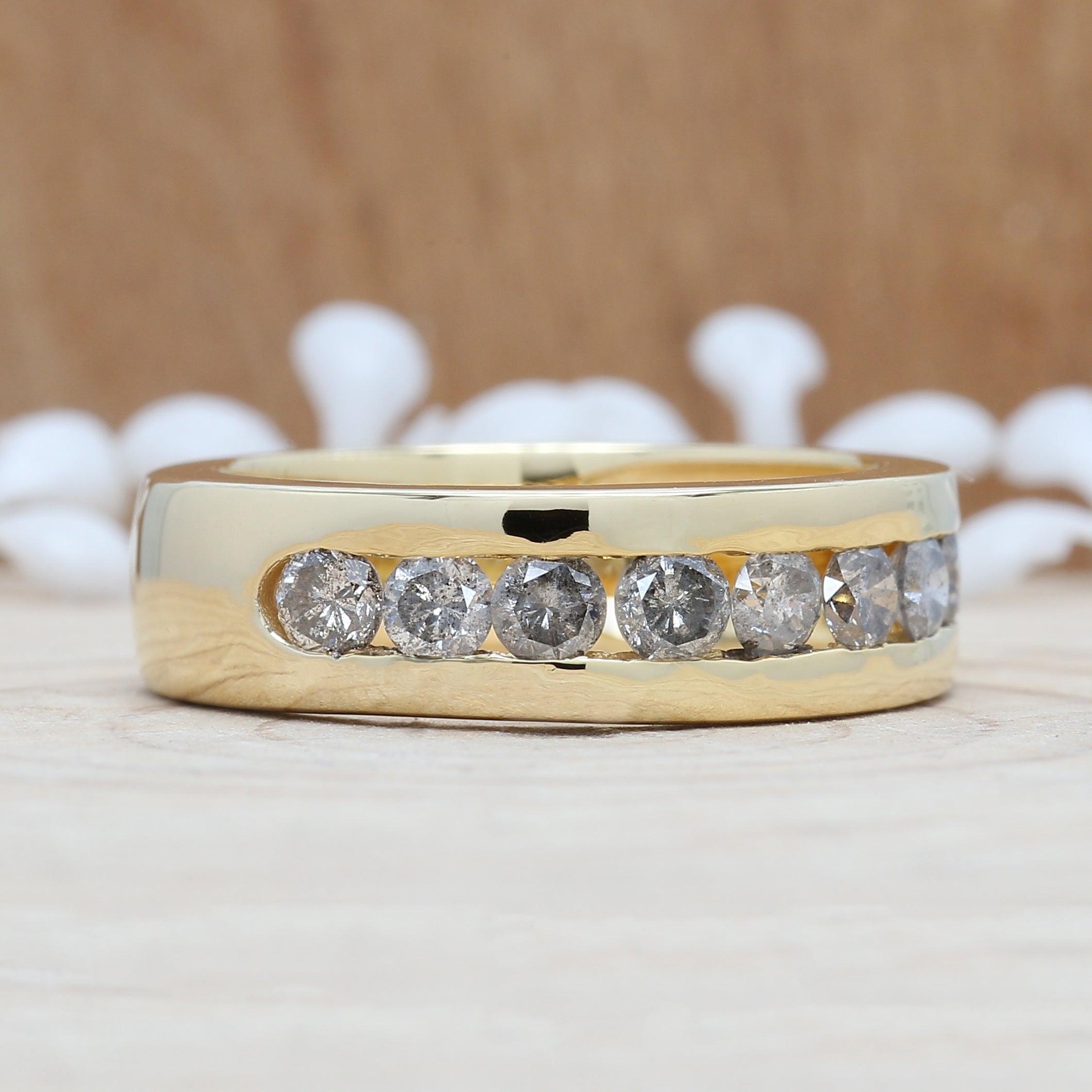 1.29 CT Salt And Pepper Band, Round Brilliant Cut Diamond Band, Engagement Band, 14K Yellow Gold Band, Wedding Band, KD924