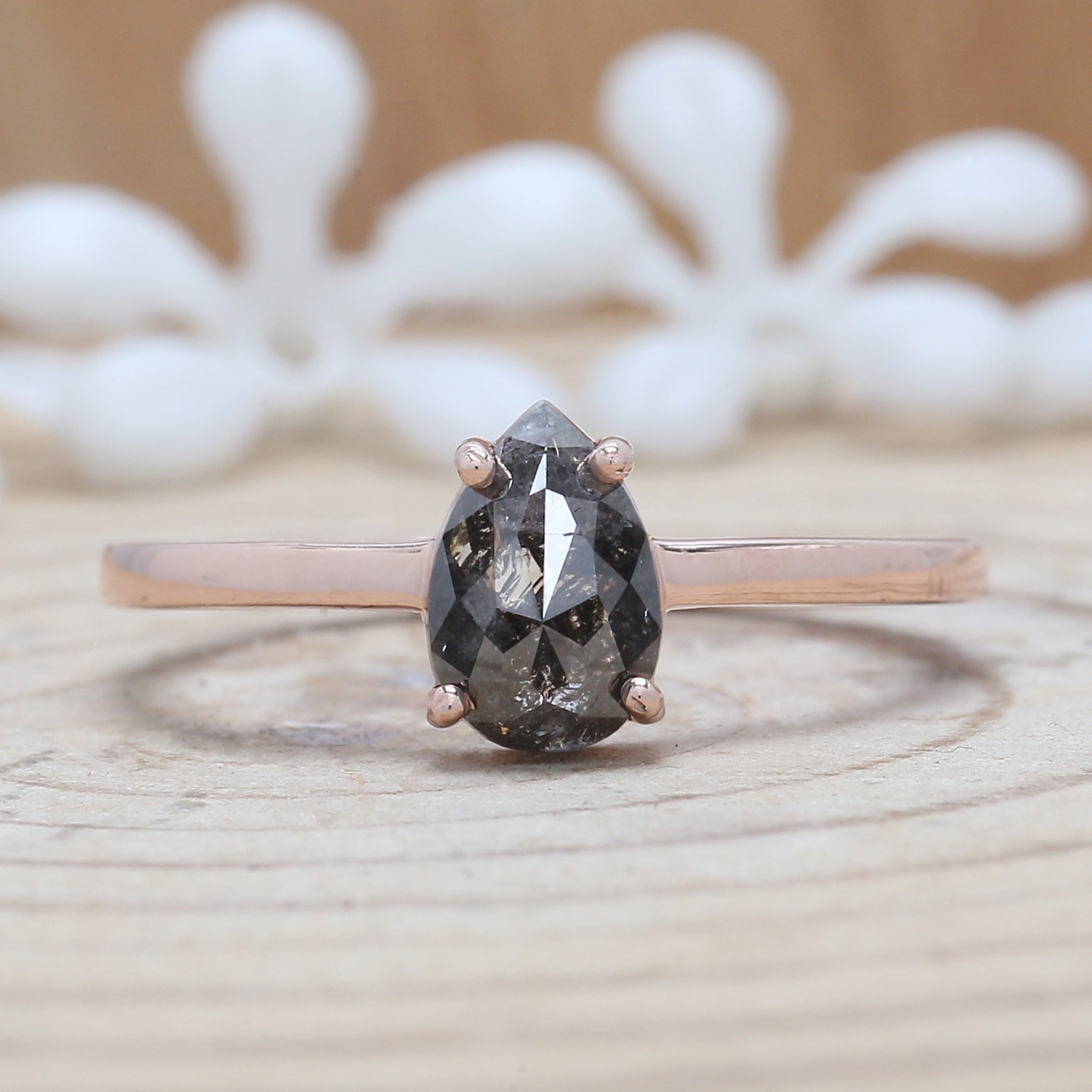 0.93 CT Salt And Pepper Diamond Ring, Pear Diamond Ring, Engagement Ring, 14K Rose Gold Ring, Rose Cut Ring, Wedding Gift For Her KDL680