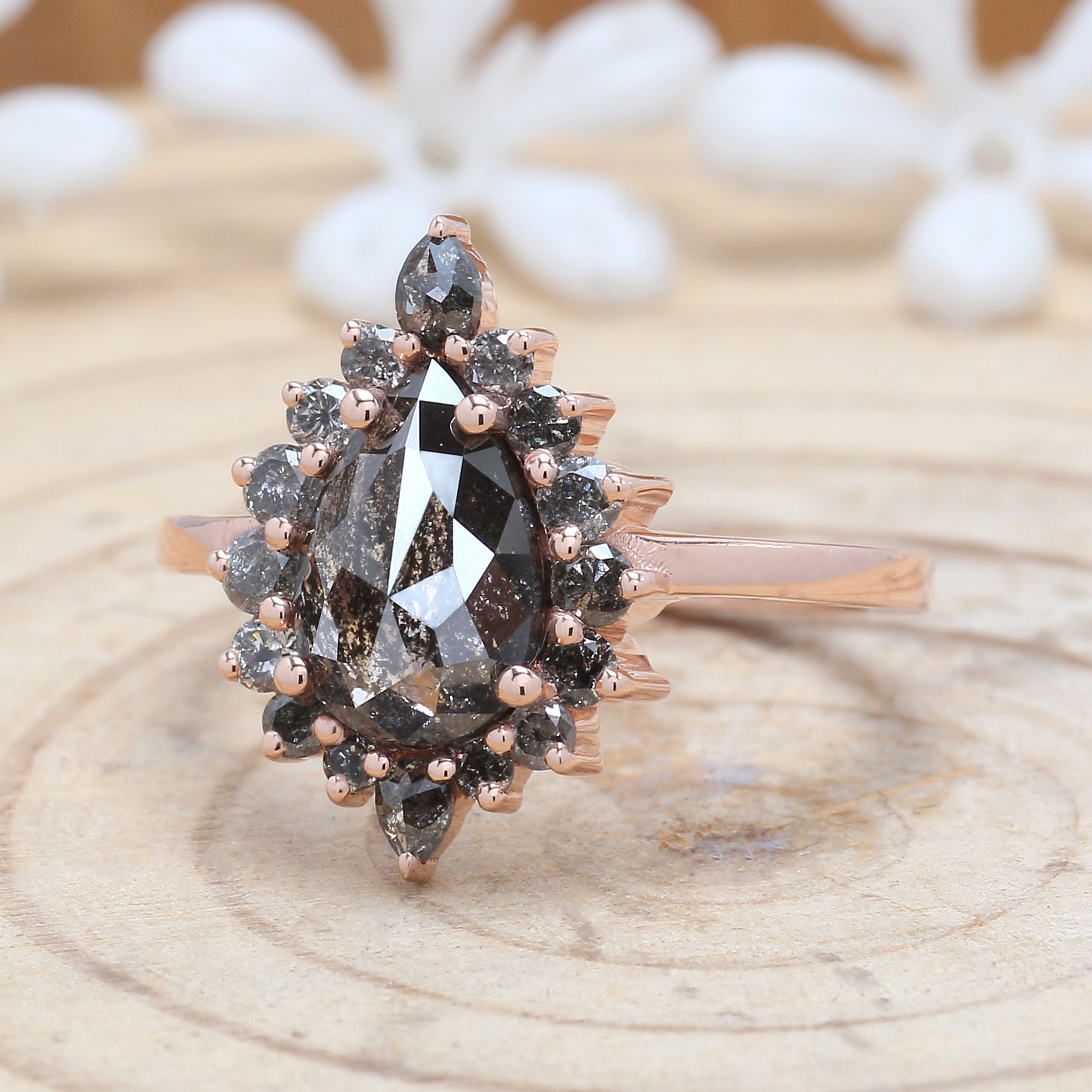 1.69 CT Salt And Pepper Ring, Pear Diamond Ring, Engagement Ring, 14K Rose Gold Ring, Rose Cut Ring, Wedding Ring, Gift For Her KDL691