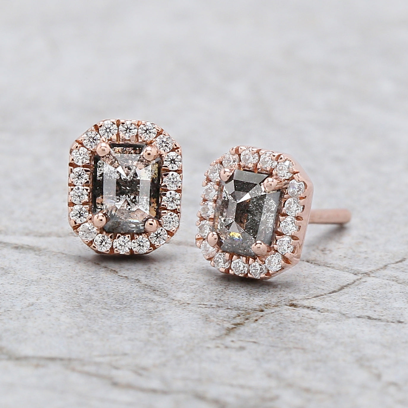 0.65Ct Natural Emerald Salt and Pepper Diamond Earring 4.80 MM Emerald Diamond Earring 14K Solid Rose Gold Silver Engagement Earring QL2544