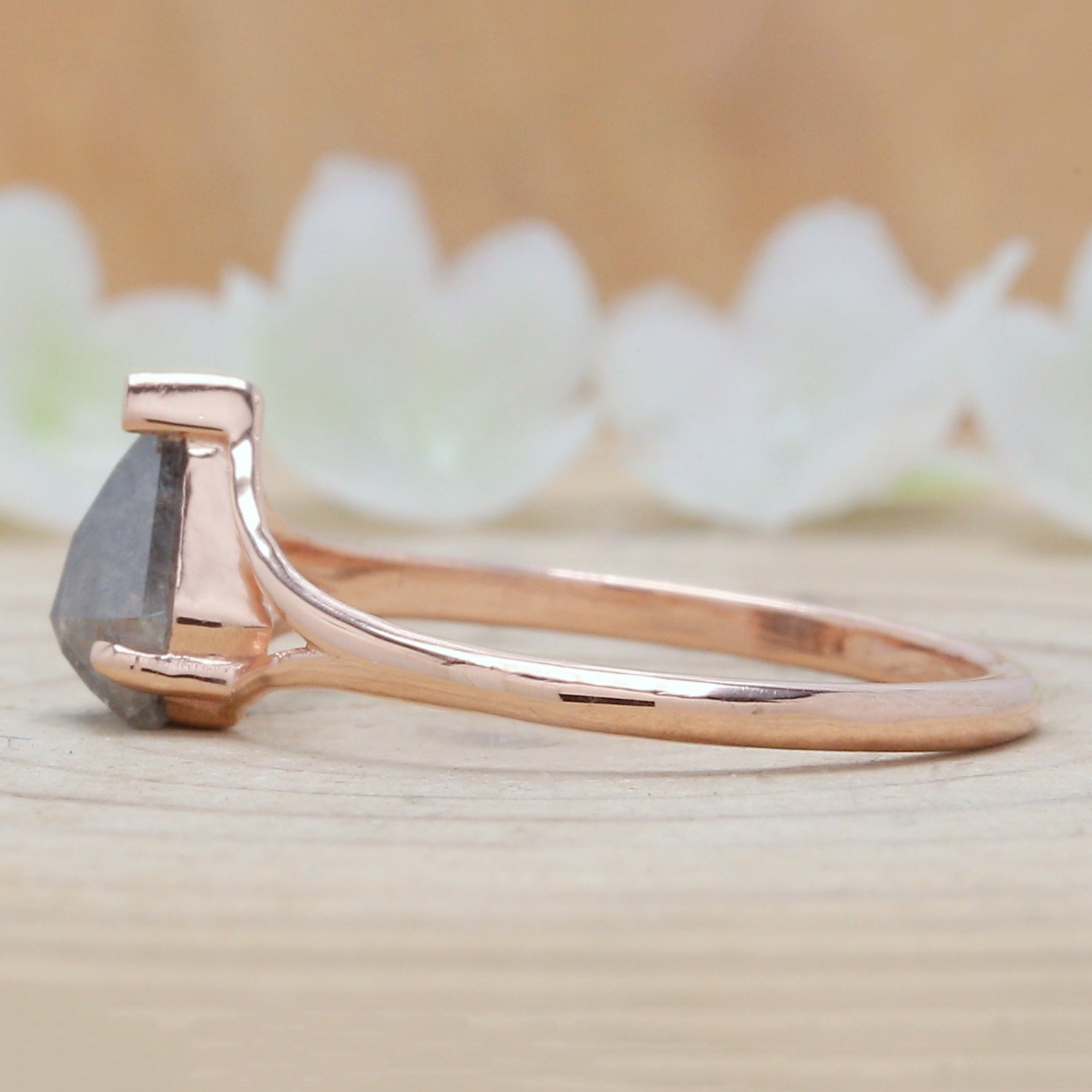 Shield Salt And Pepper Diamond Ring 0.88 Ct 7.20 MM Shield Shape Diamond Ring 14K Solid Rose Gold Silver Engagement Ring Gift For Her QN9205